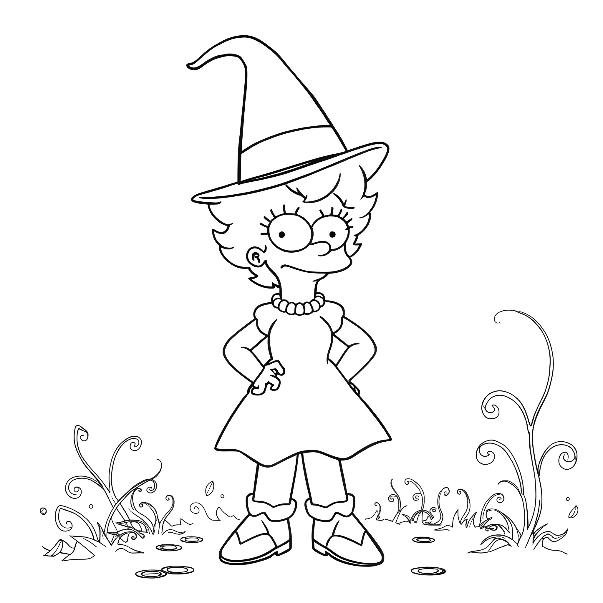 Lisa Simpson in whimsical witch attire Coloring Page (free black-and-white line drawing printable PDF for all, from beginners to advanced learners, including children, teens, adults, and seniors)