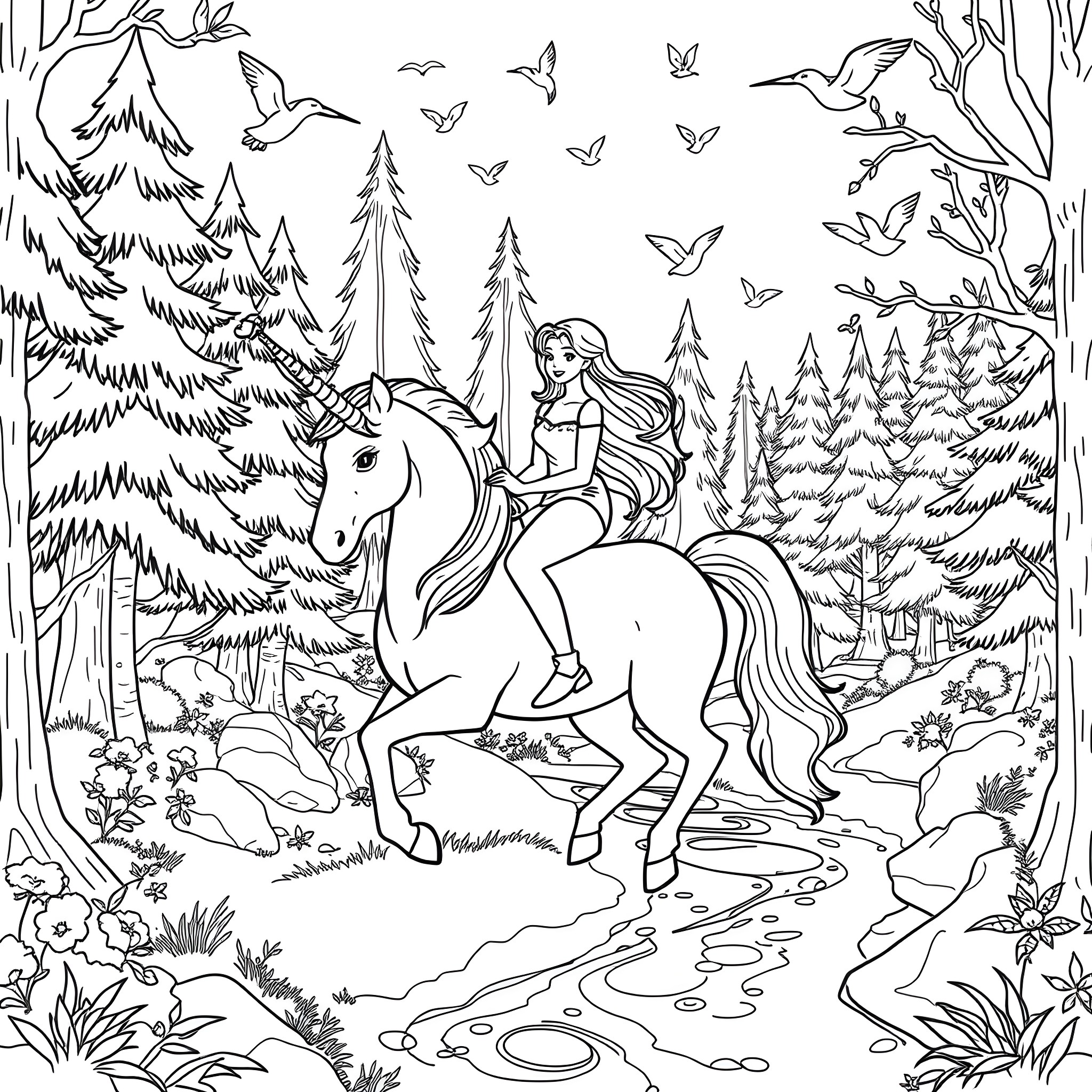 Unicorn and a Maiden in a Magical Forest Coloring Page (free black-and-white line drawing printable PDF for all, from beginners to advanced learners, including children, teens, adults, and seniors)