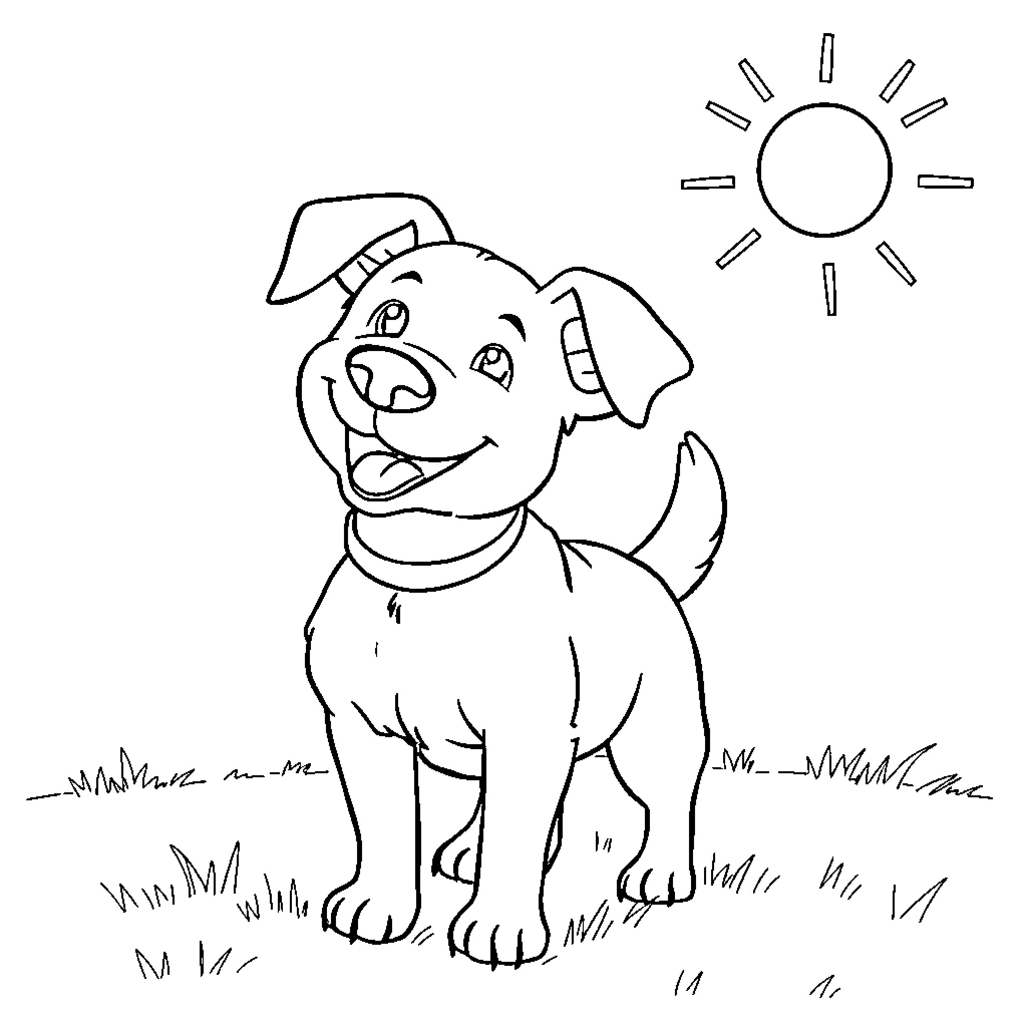 Dog playing happily in the sun Coloring Page (free black-and-white line drawing printable PDF for all, from beginners to advanced learners, including children, teens, adults, and seniors)