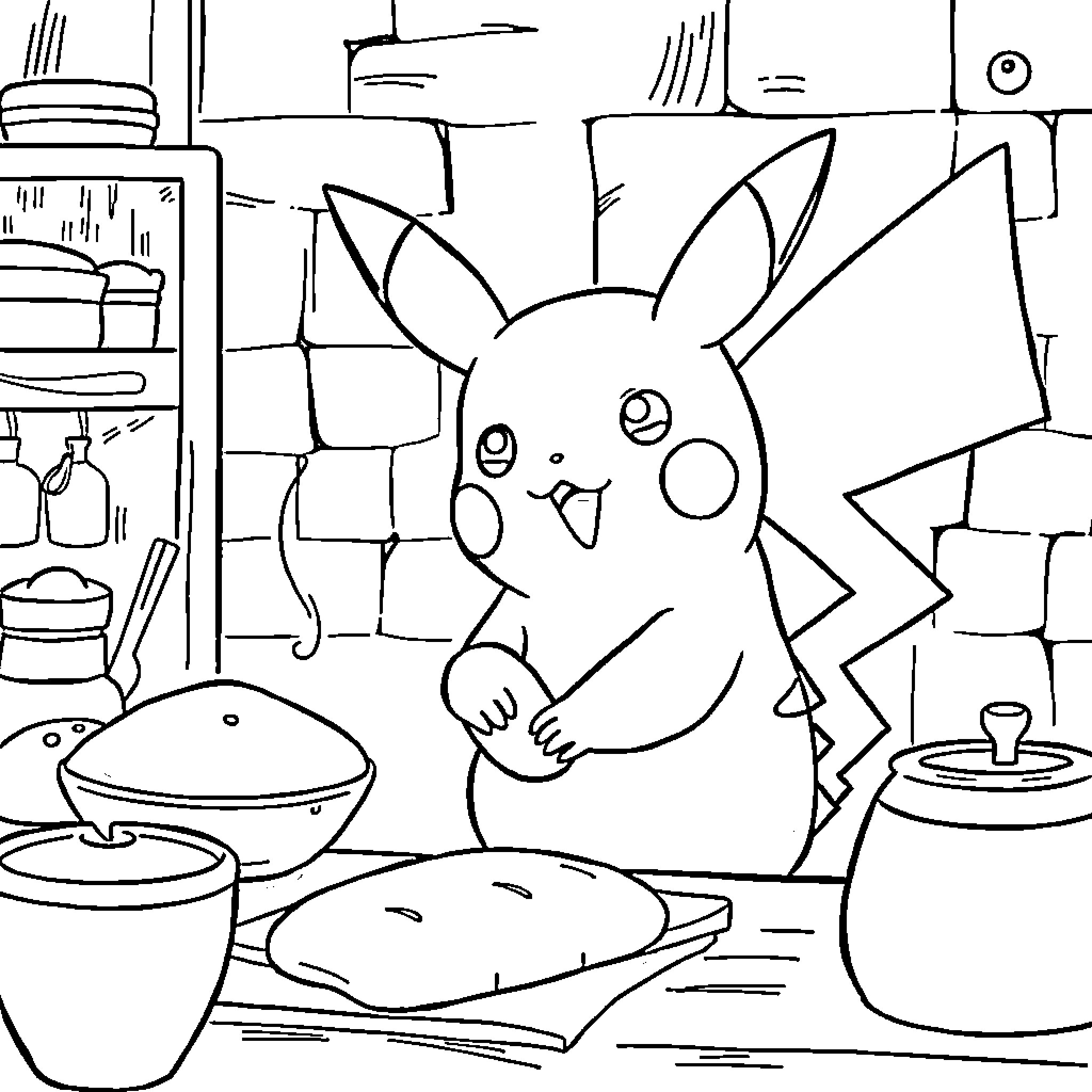 Pikachu happily preparing food in a kitchen Coloring Page (free black-and-white line drawing printable PDF for all, from beginners to advanced learners, including children, teens, adults, and seniors)