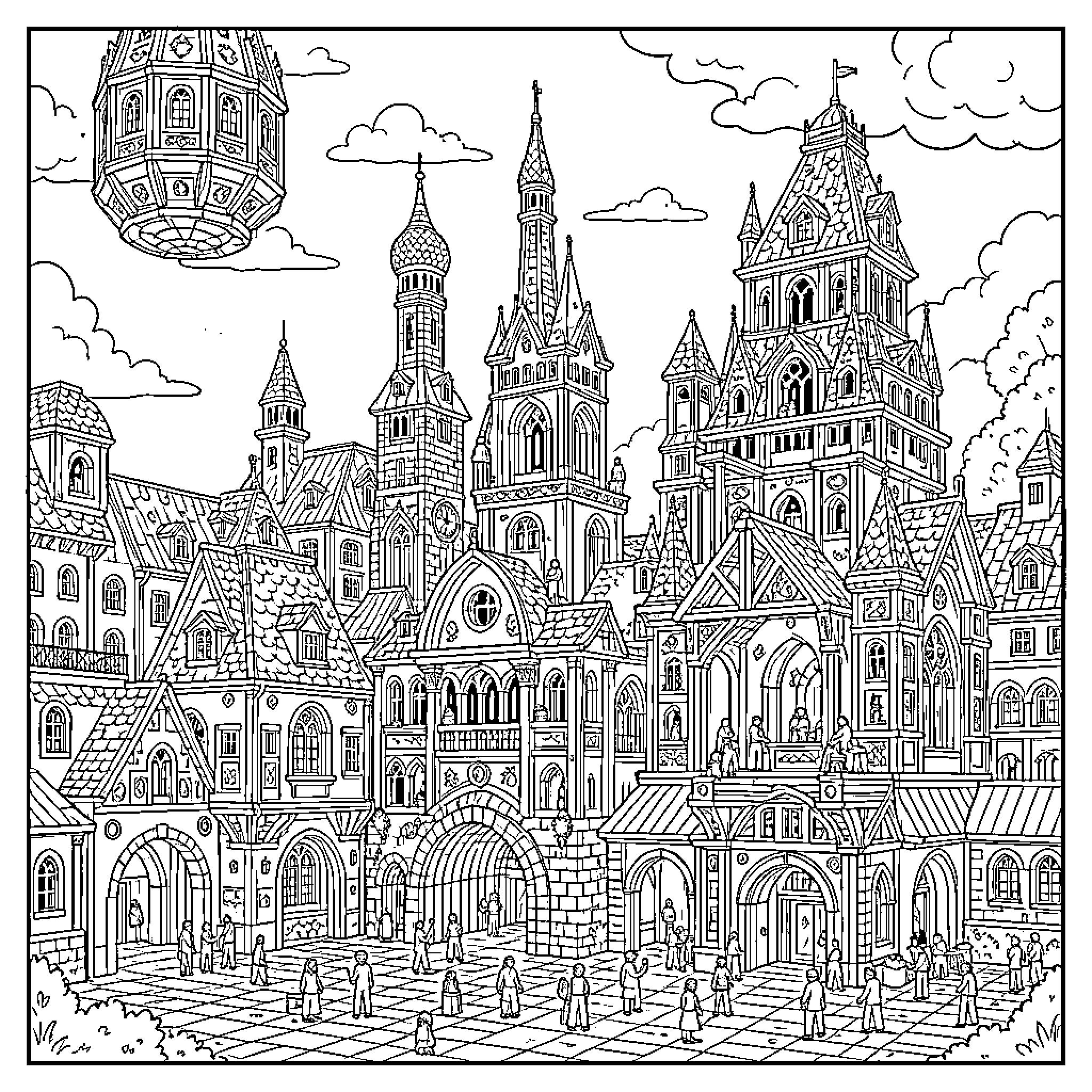 Construction of an intricate fairytale kingdom cityscape Coloring Page (free black-and-white line drawing printable PDF for all, from beginners to advanced learners, including children, teens, adults, and seniors)