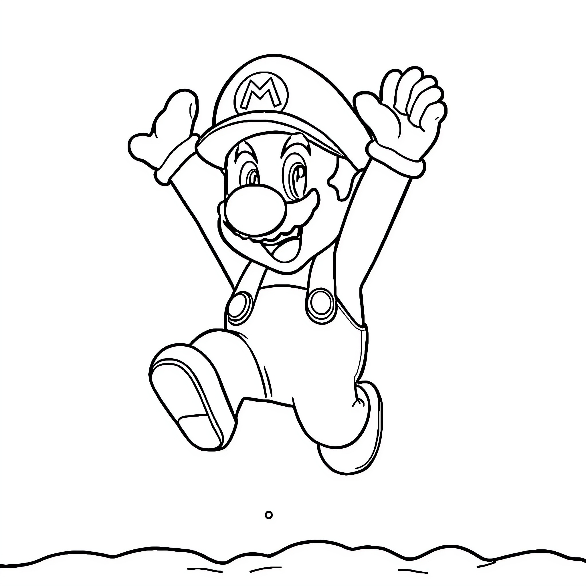 Mario jumping excitedly in the air Coloring Page (free black-and-white line drawing printable PDF for all, from beginners to advanced learners, including children, teens, adults, and seniors)