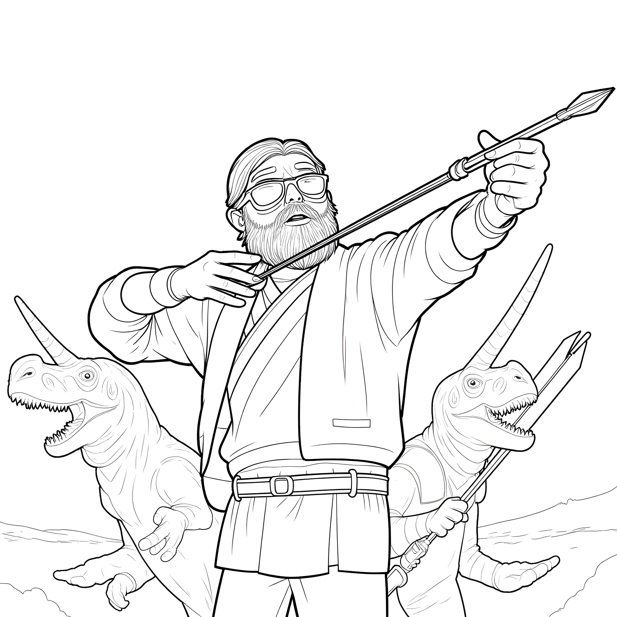 Bearded Man Battling Dinosaurs with Spear Coloring Page (free black-and-white line drawing printable PDF for all, from beginners to advanced learners, including children, teens, adults, and seniors)
