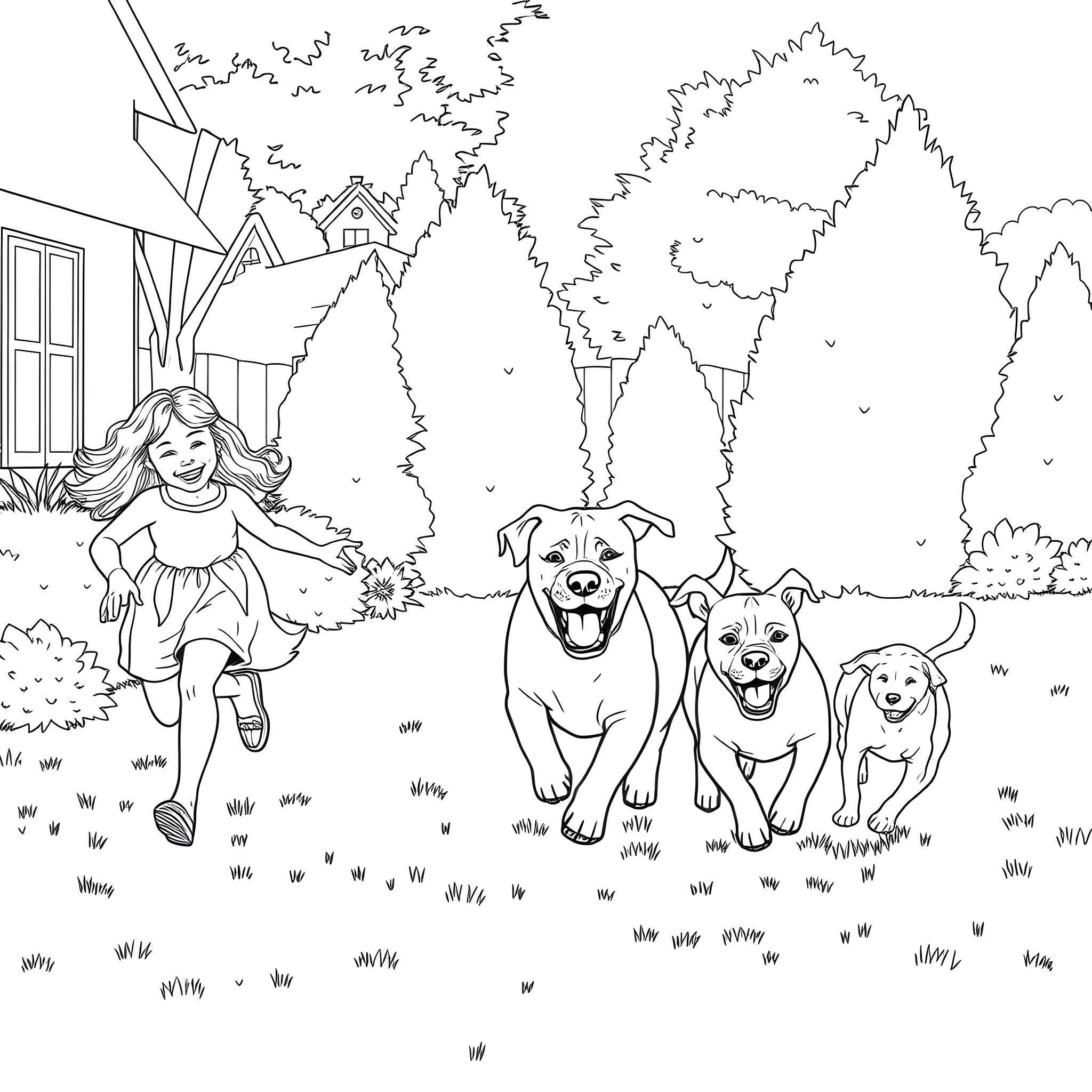 Sister's Outdoor Adventure with Playful Pups Coloring Page (free black-and-white line drawing printable PDF for all, from beginners to advanced learners, including children, teens, adults, and seniors)