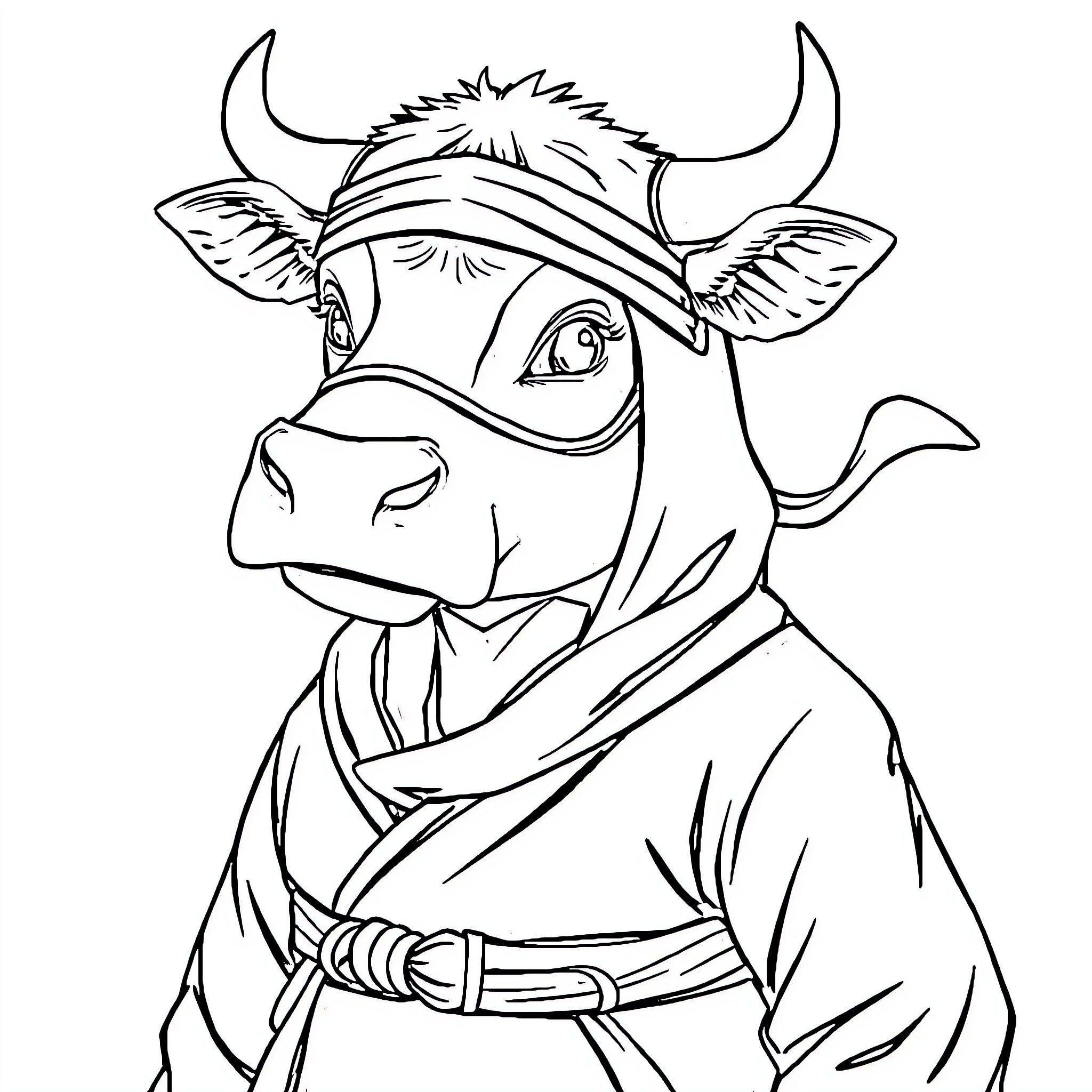 Cow dressed in cowboy outfit Coloring Page (free black-and-white line drawing printable PDF for all, from beginners to advanced learners, including children, teens, adults, and seniors)