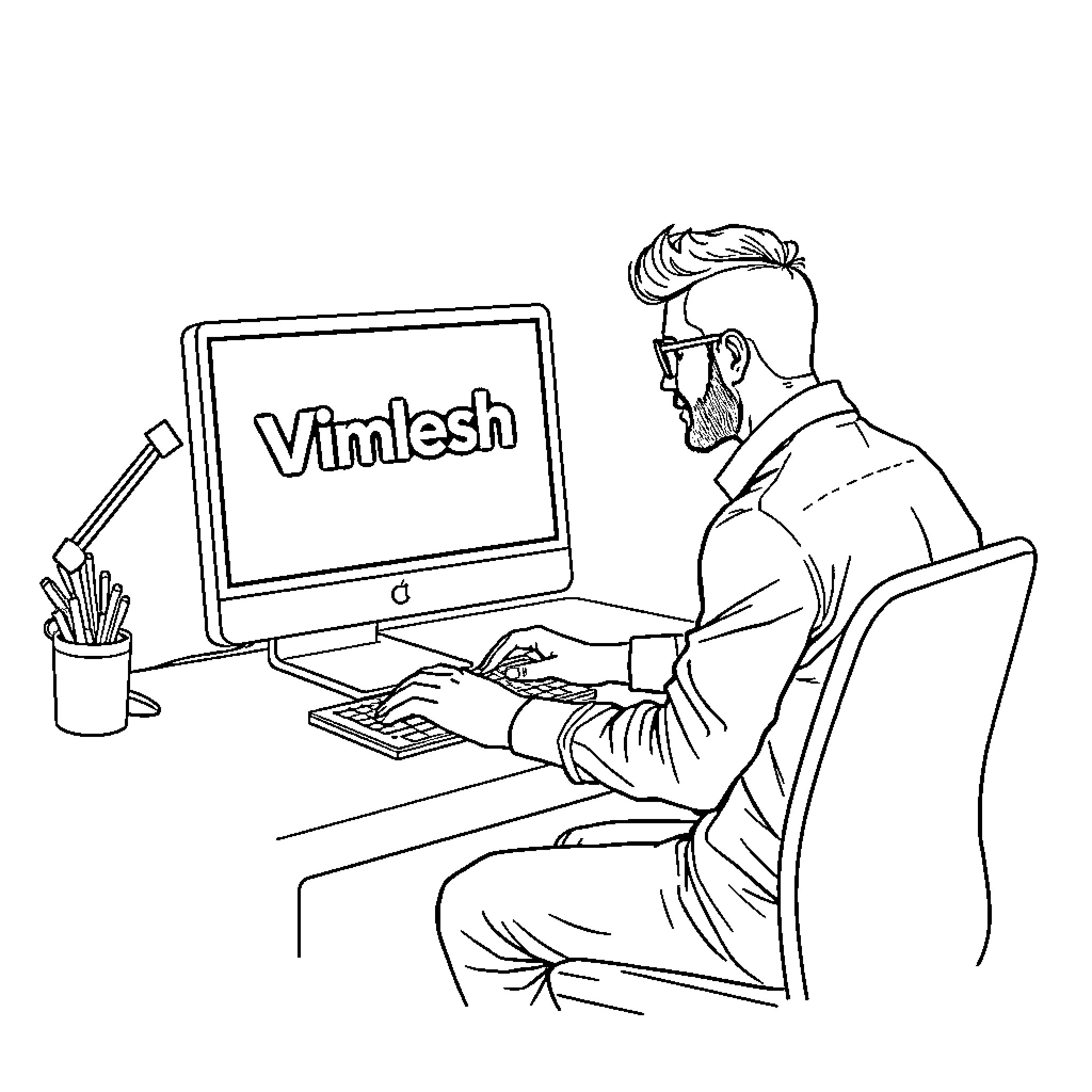 Man working intently on a computer Coloring Page (free black-and-white line drawing printable PDF for all, from beginners to advanced learners, including children, teens, adults, and seniors)