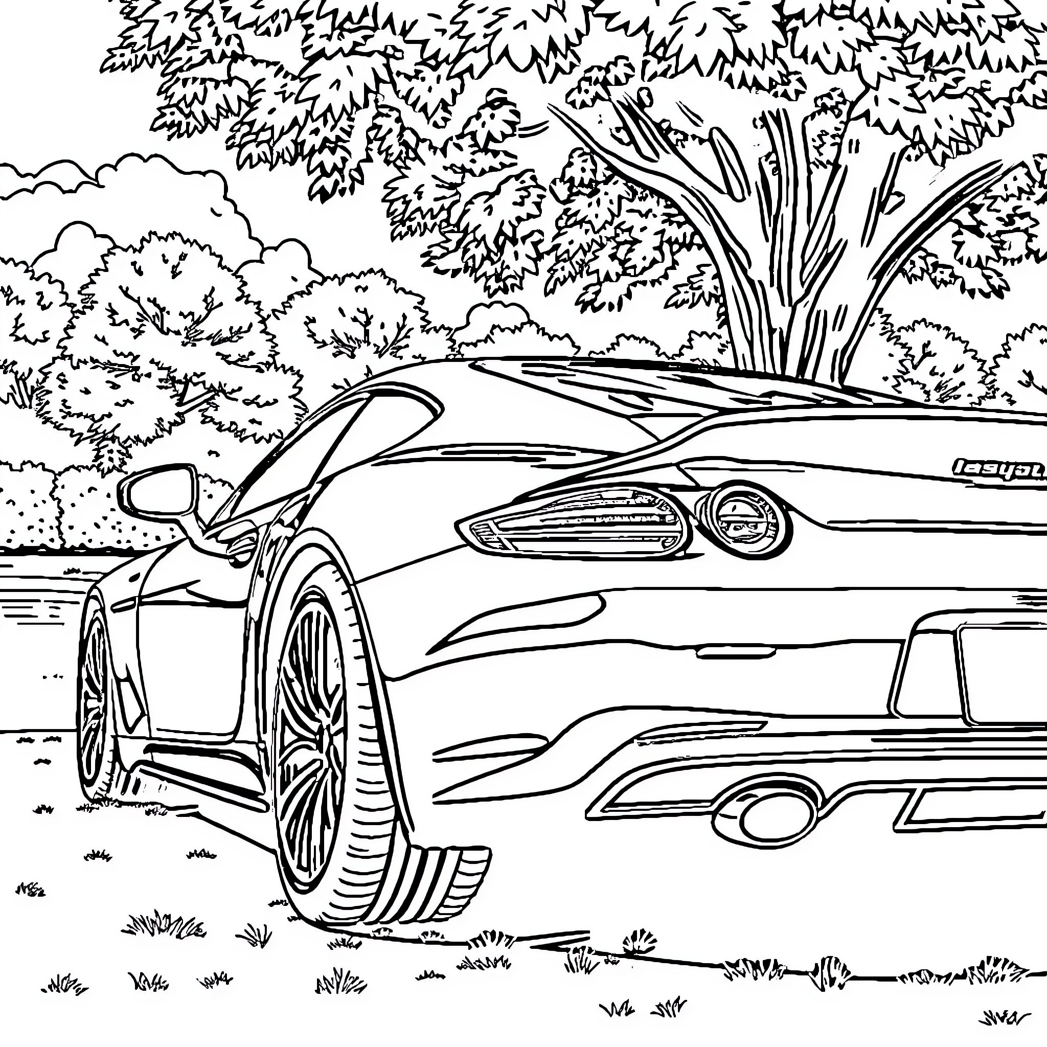 Car speeding through scenic landscape Coloring Page (free black-and-white line drawing printable PDF for all, from beginners to advanced learners, including children, teens, adults, and seniors)