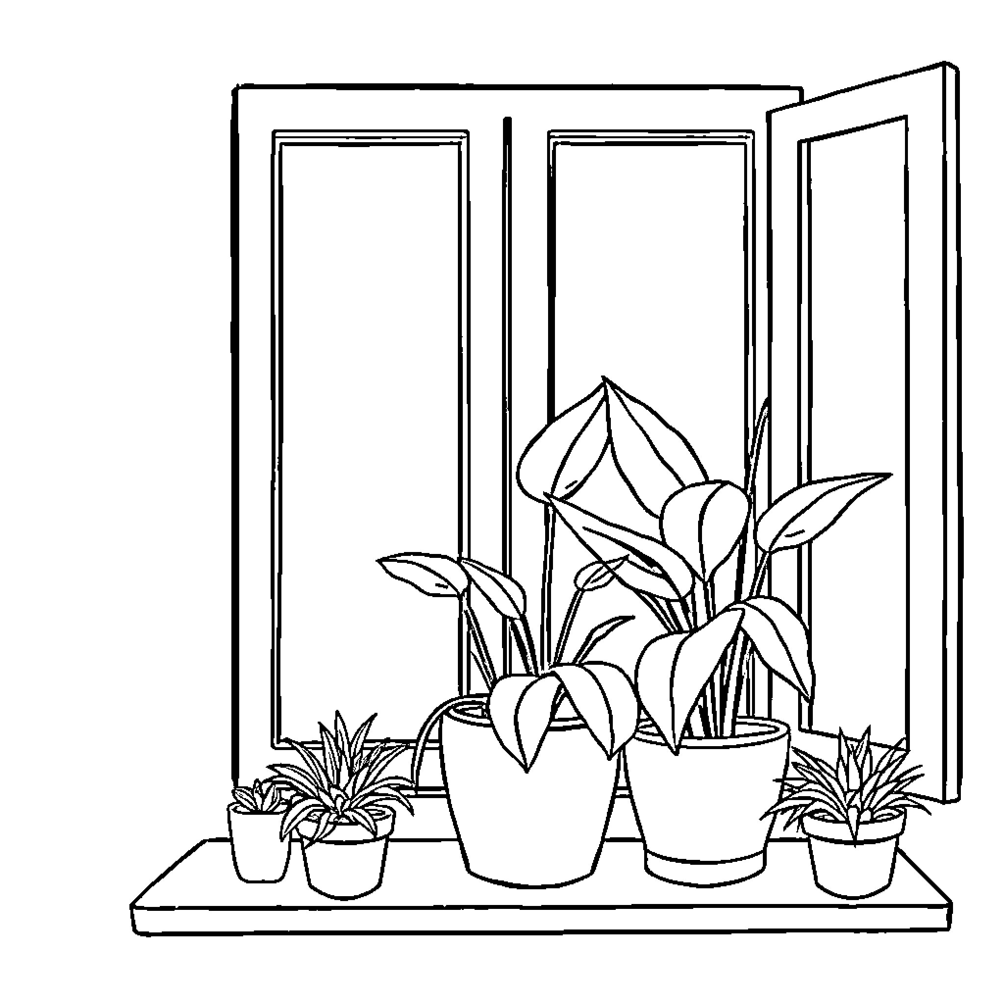 Houseplant display in bright window Coloring Page (free black-and-white line drawing printable PDF for all, from beginners to advanced learners, including children, teens, adults, and seniors)