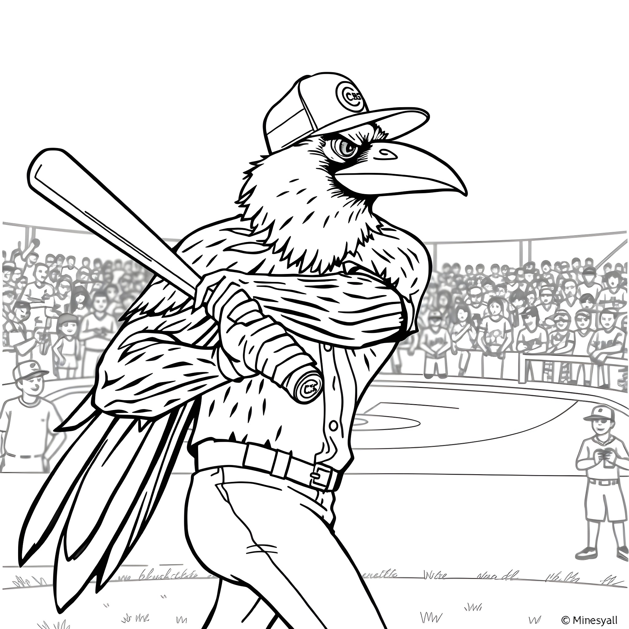 Crow baseball player on the field Coloring Page (free black-and-white line drawing printable PDF for all, from beginners to advanced learners, including children, teens, adults, and seniors)