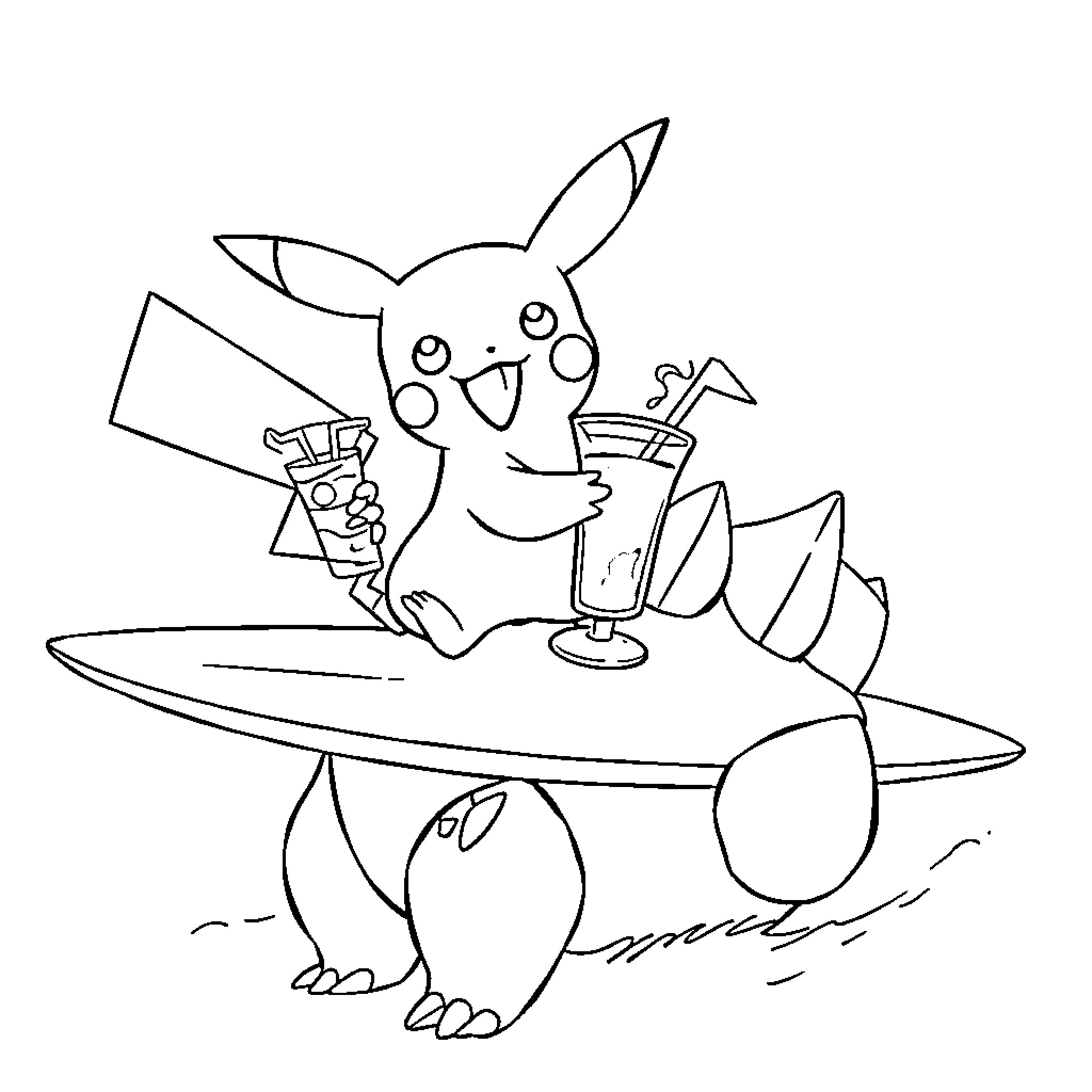 Pikachu surfs with a tropical drink Coloring Page (free black-and-white line drawing printable PDF for all, from beginners to advanced learners, including children, teens, adults, and seniors)