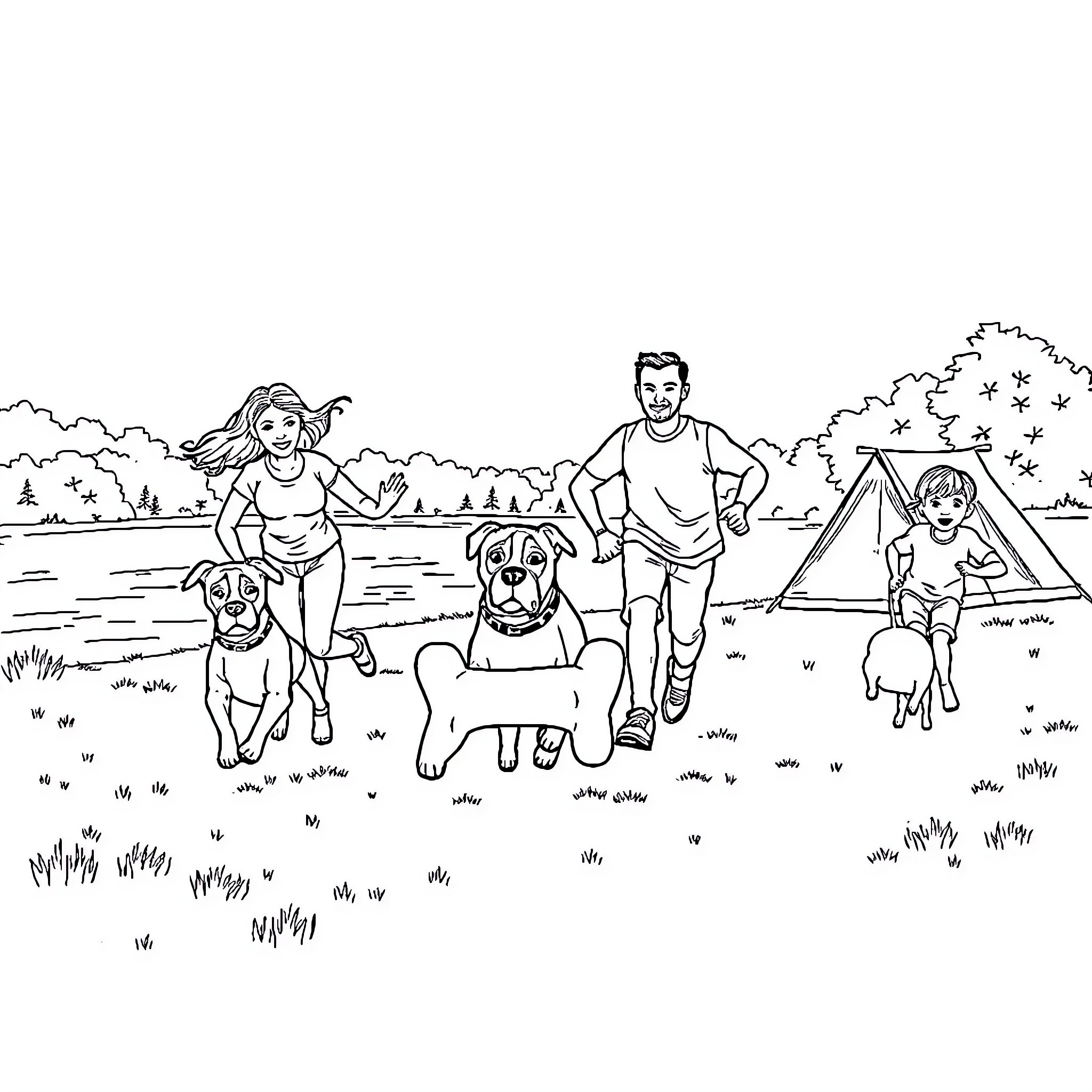 Boxer family enjoying outdoor adventure with pets Coloring Page (free black-and-white line drawing printable PDF for all, from beginners to advanced learners, including children, teens, adults, and seniors)