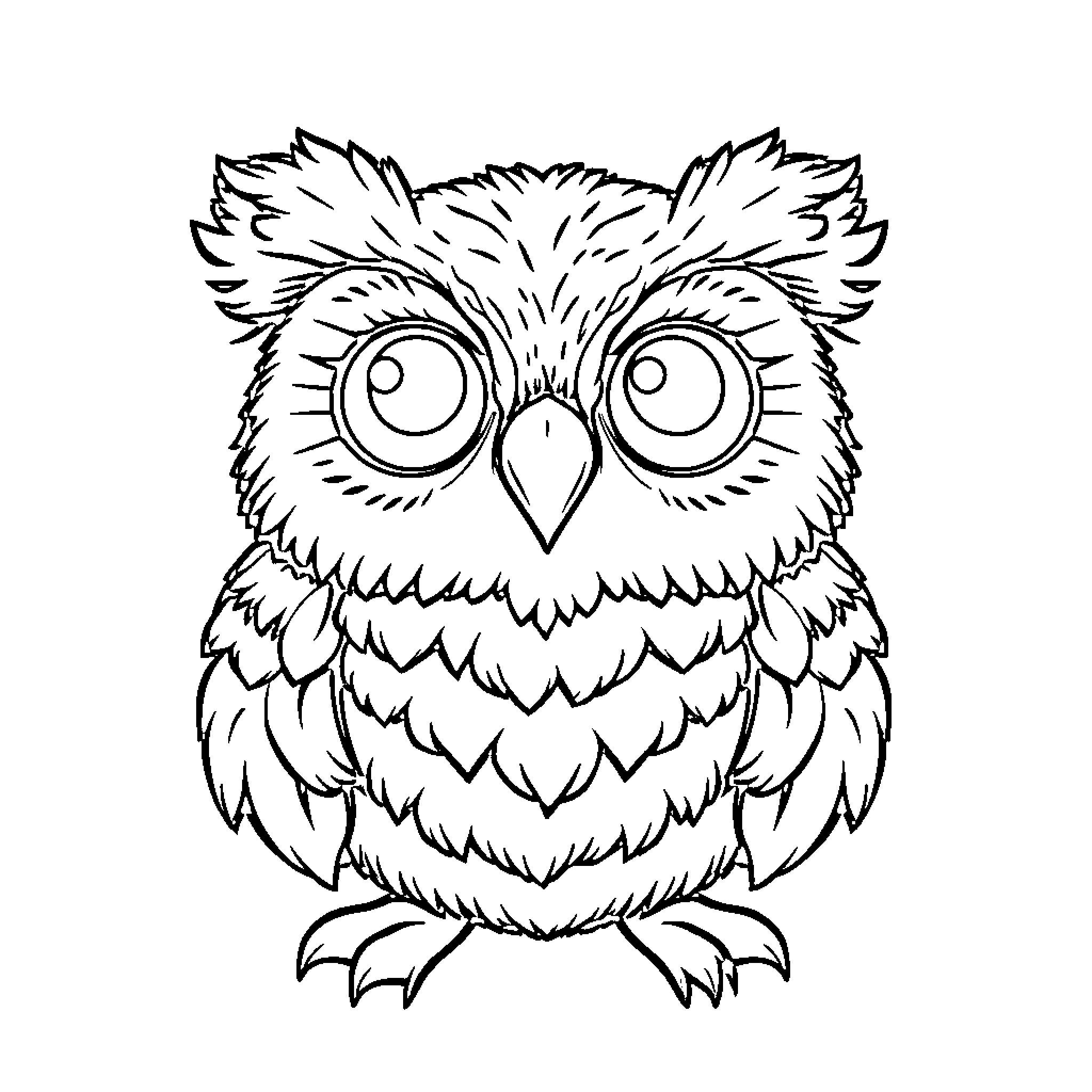 Owlbear with Comically Oversized Eyes Coloring Page (free black-and-white line drawing printable PDF for all, from beginners to advanced learners, including children, teens, adults, and seniors)