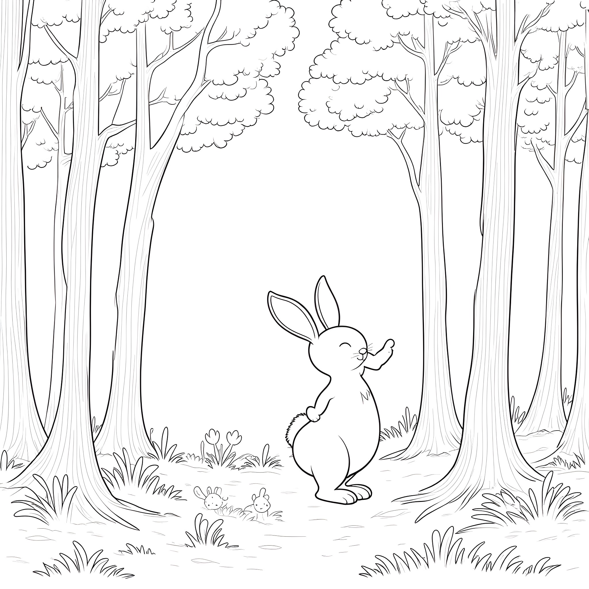 Bunny exploring the enchanting forest Coloring Page (free black-and-white line drawing printable PDF for all, from beginners to advanced learners, including children, teens, adults, and seniors)