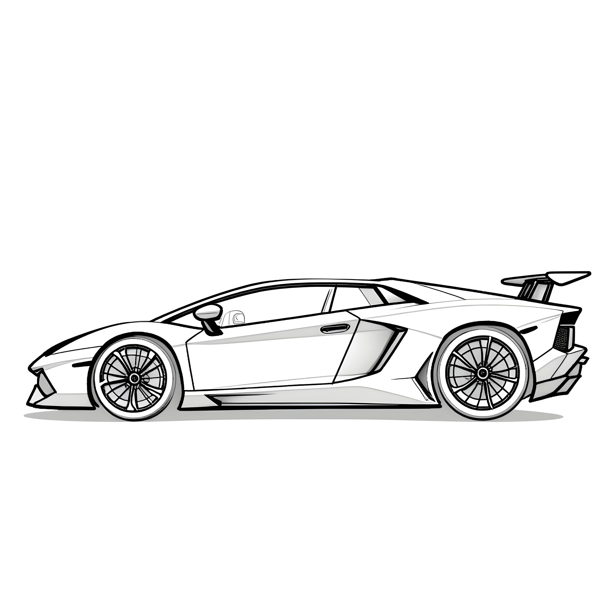 Lamborghini sports car in sleek black and white design Coloring Page (free black-and-white line drawing printable PDF for all, from beginners to advanced learners, including children, teens, adults, and seniors)