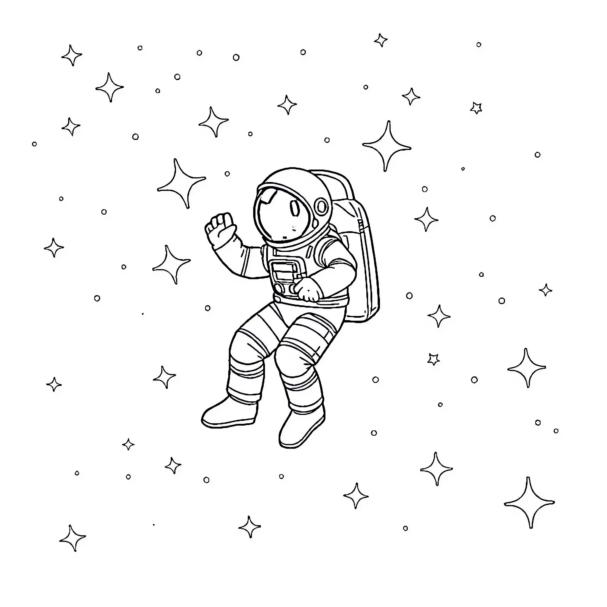 Astronaut floating in starry space Coloring Page (free black-and-white line drawing printable PDF for all, from beginners to advanced learners, including children, teens, adults, and seniors)