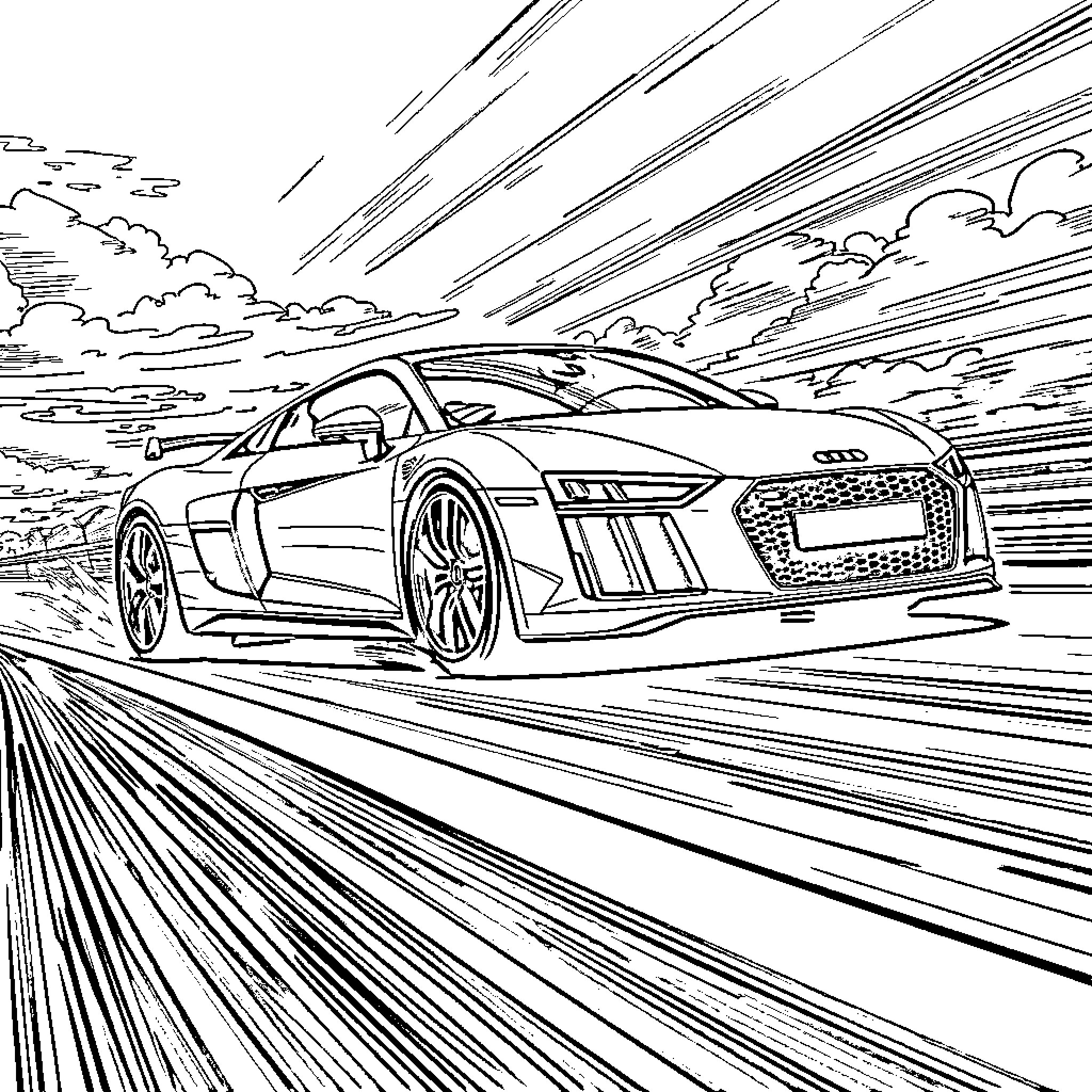 Audi R8 Speeding Through Dramatic Landscape Coloring Page (free black-and-white line drawing printable PDF for all, from beginners to advanced learners, including children, teens, adults, and seniors)