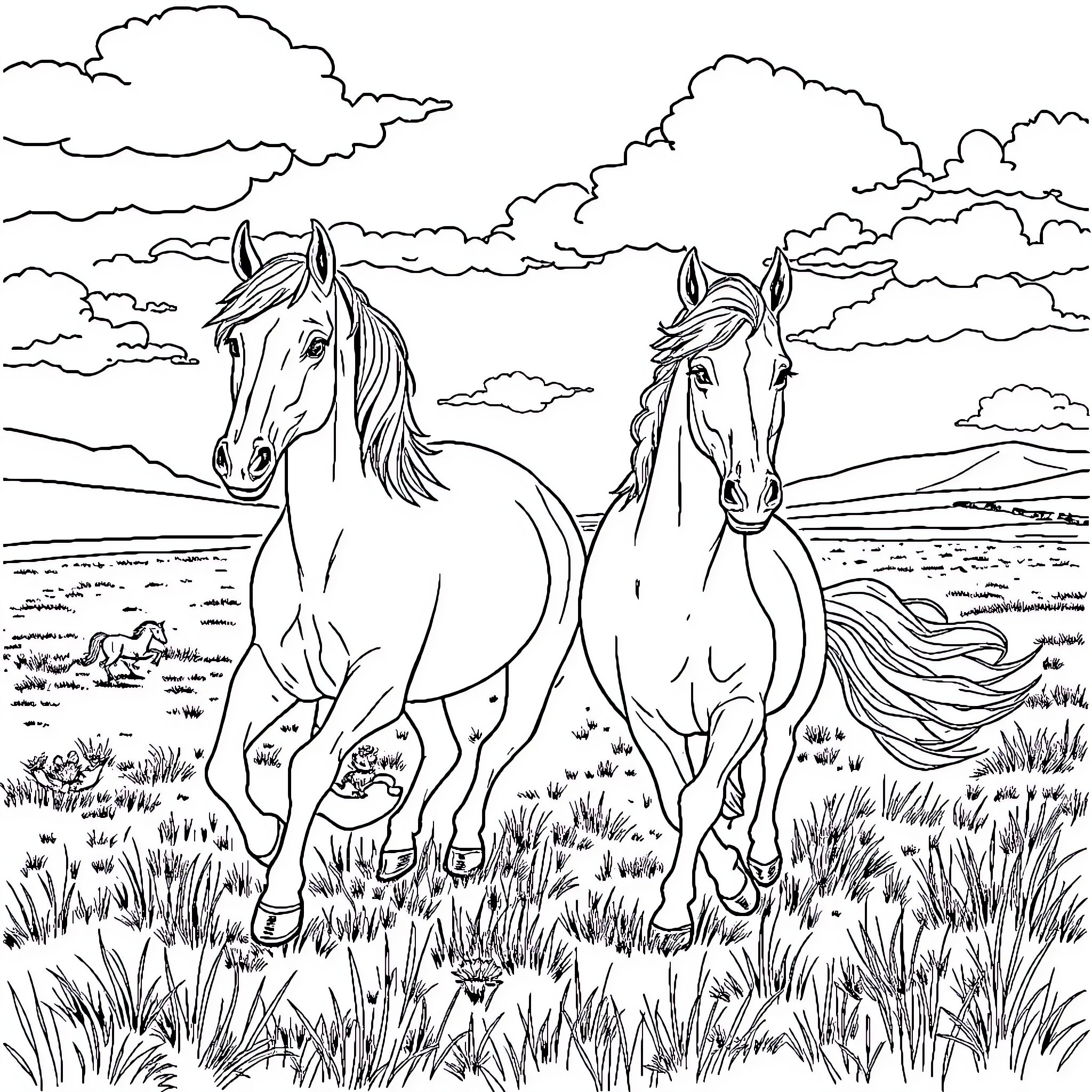 Arabian Horses Running Freely in the Meadow Coloring Page (free black-and-white line drawing printable PDF for all, from beginners to advanced learners, including children, teens, adults, and seniors)