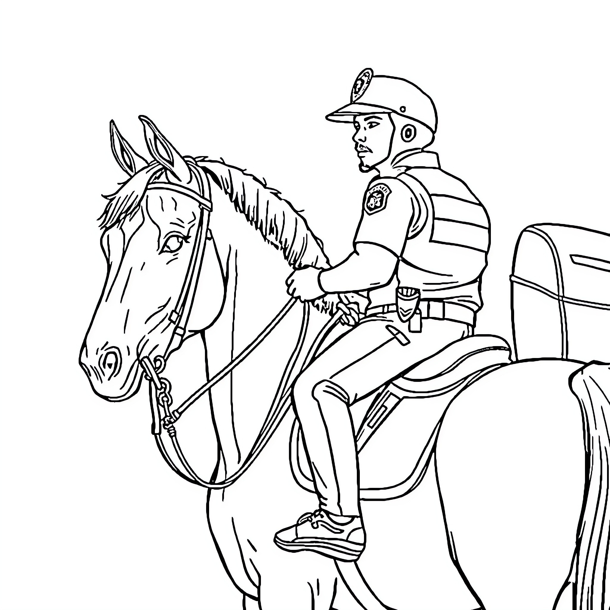 Police Horse Patrol on City Streets Coloring Page (free black-and-white line drawing printable PDF for all, from beginners to advanced learners, including children, teens, adults, and seniors)