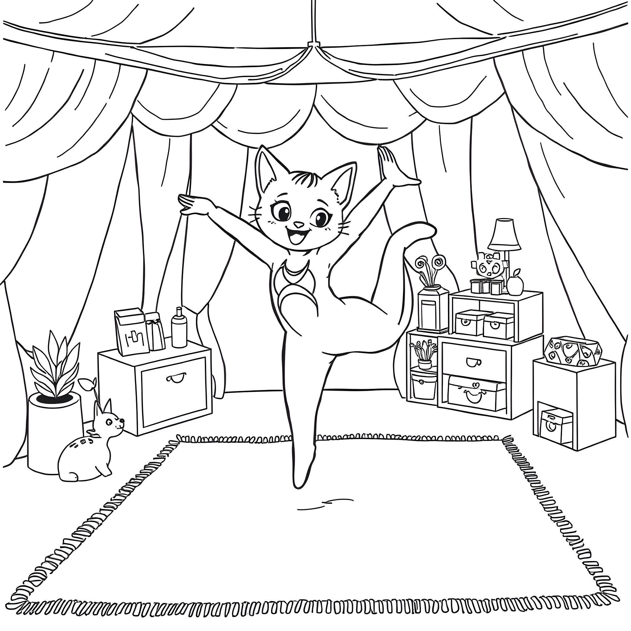 Gabby Dollhouse: Playful cat exploring its cozy room Coloring Page (free black-and-white line drawing printable PDF for all, from beginners to advanced learners, including children, teens, adults, and seniors)