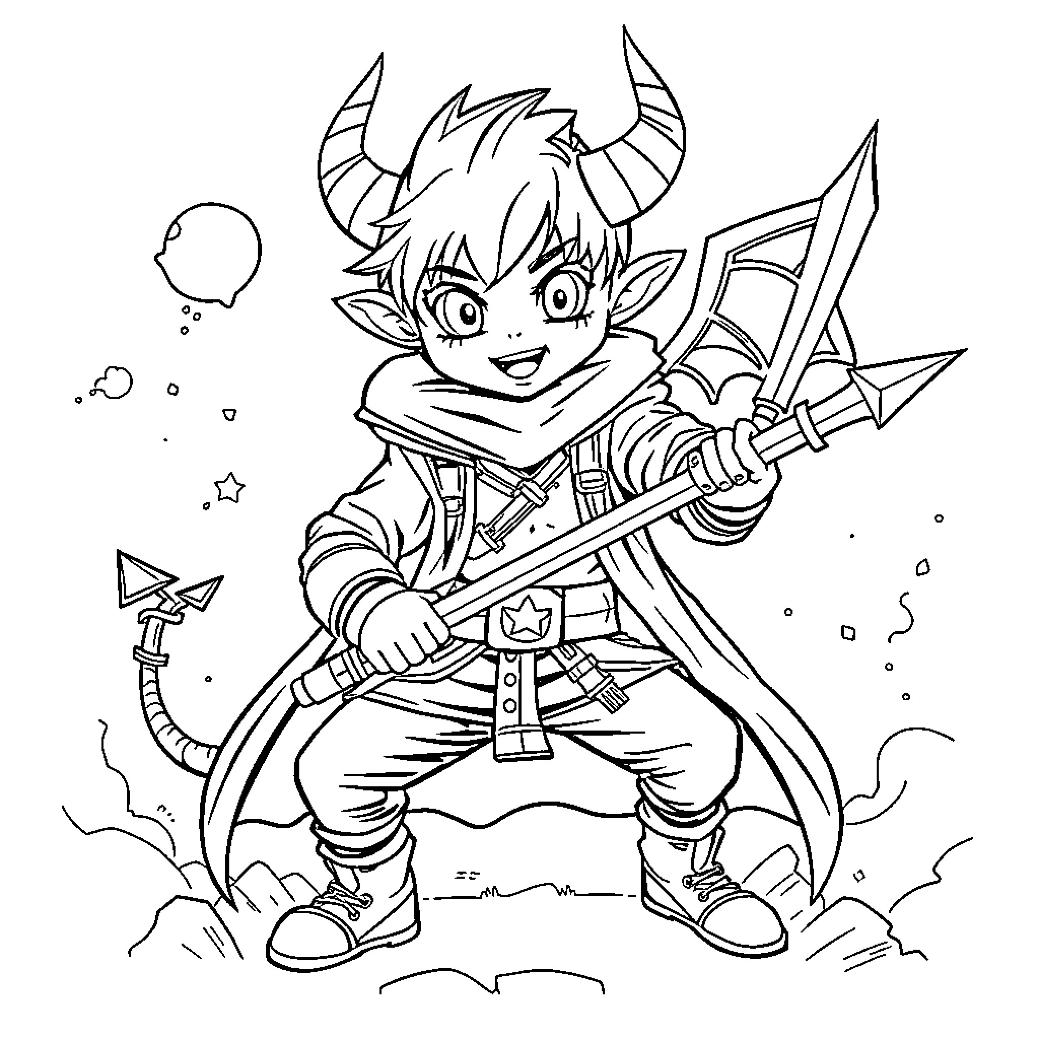 Kpop Demon Hunter Wields Sword with Enthusiasm Coloring Page (free black-and-white line drawing printable PDF for all, from beginners to advanced learners, including children, teens, adults, and seniors)