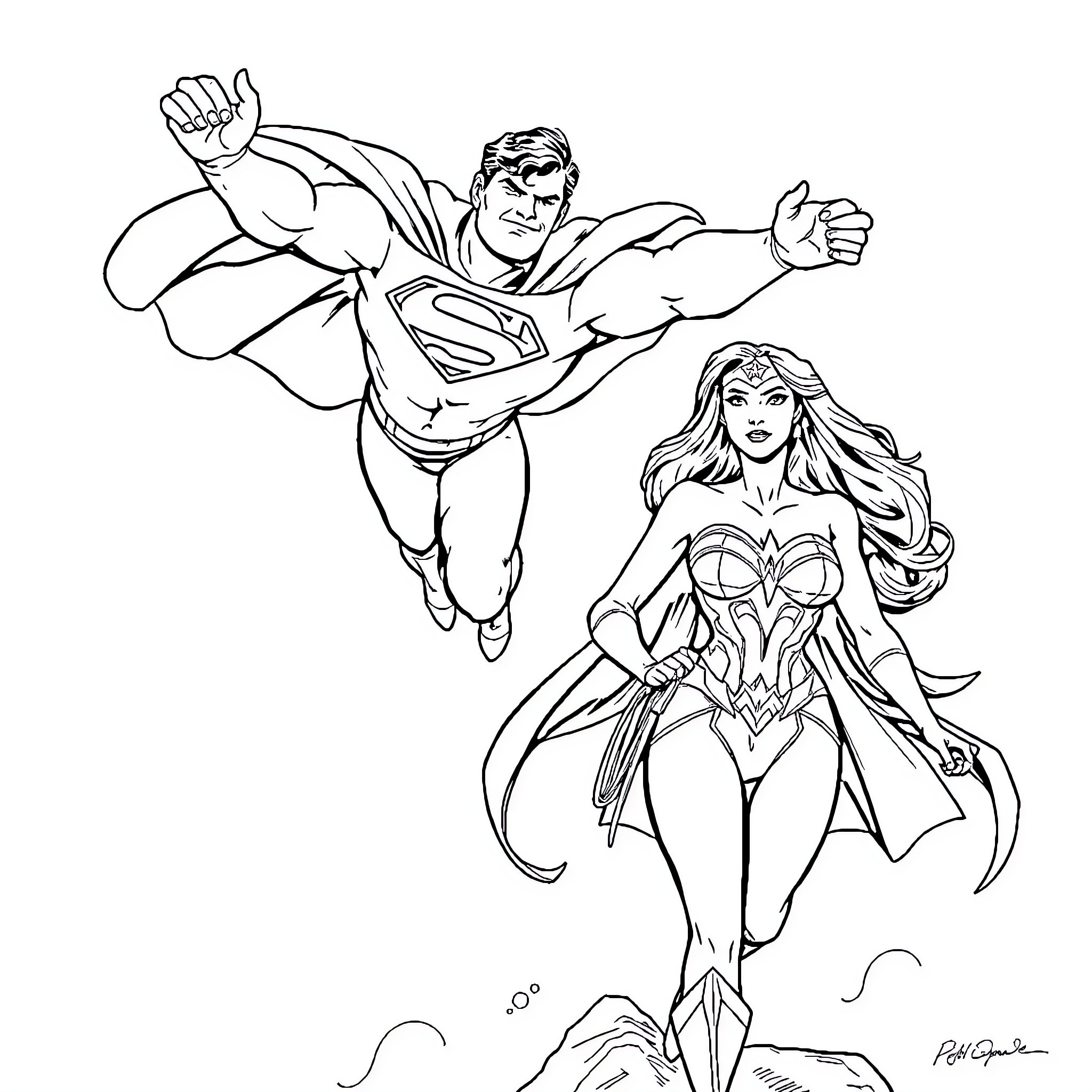 Superman and Wonder Woman in action poses Coloring Page (free black-and-white line drawing printable PDF for all, from beginners to advanced learners, including children, teens, adults, and seniors)