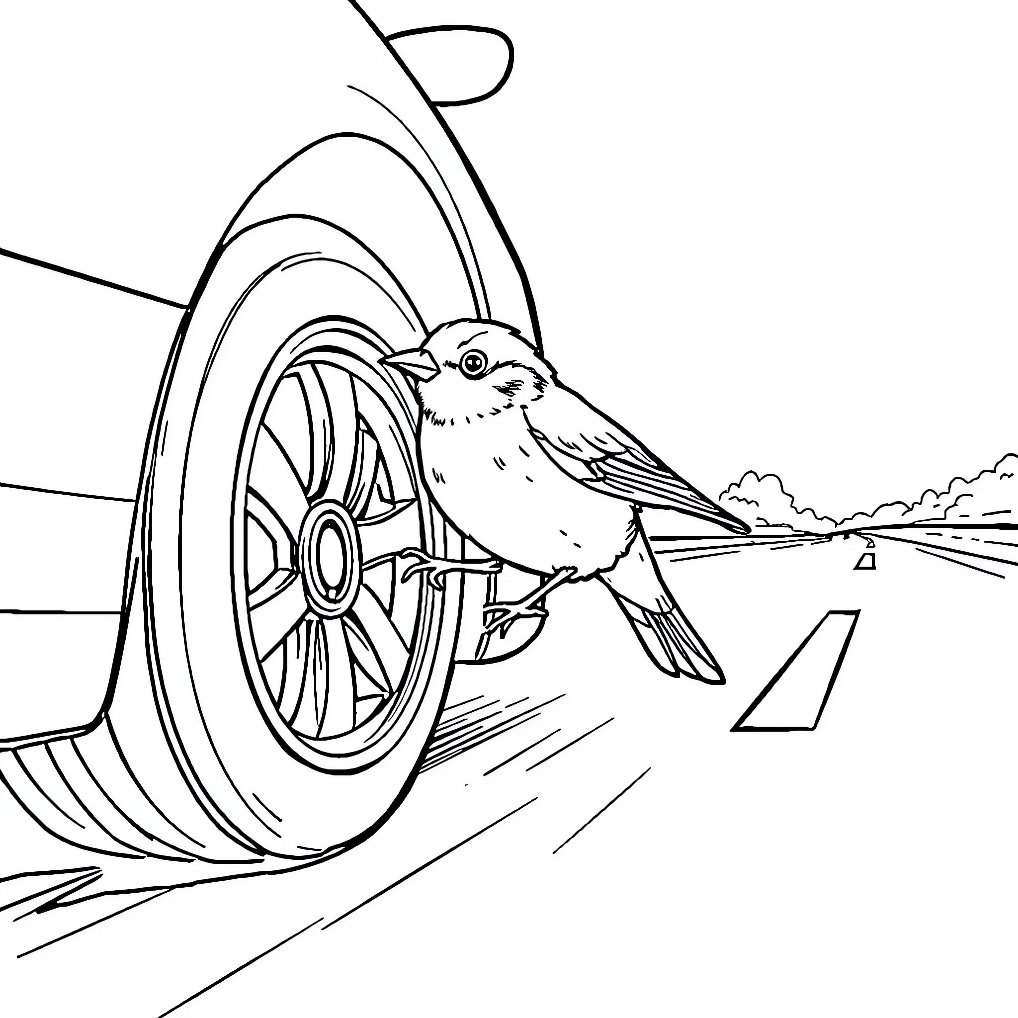 Bird resting on a wagon wheel on the road Coloring Page (free black-and-white line drawing printable PDF for all, from beginners to advanced learners, including children, teens, adults, and seniors)