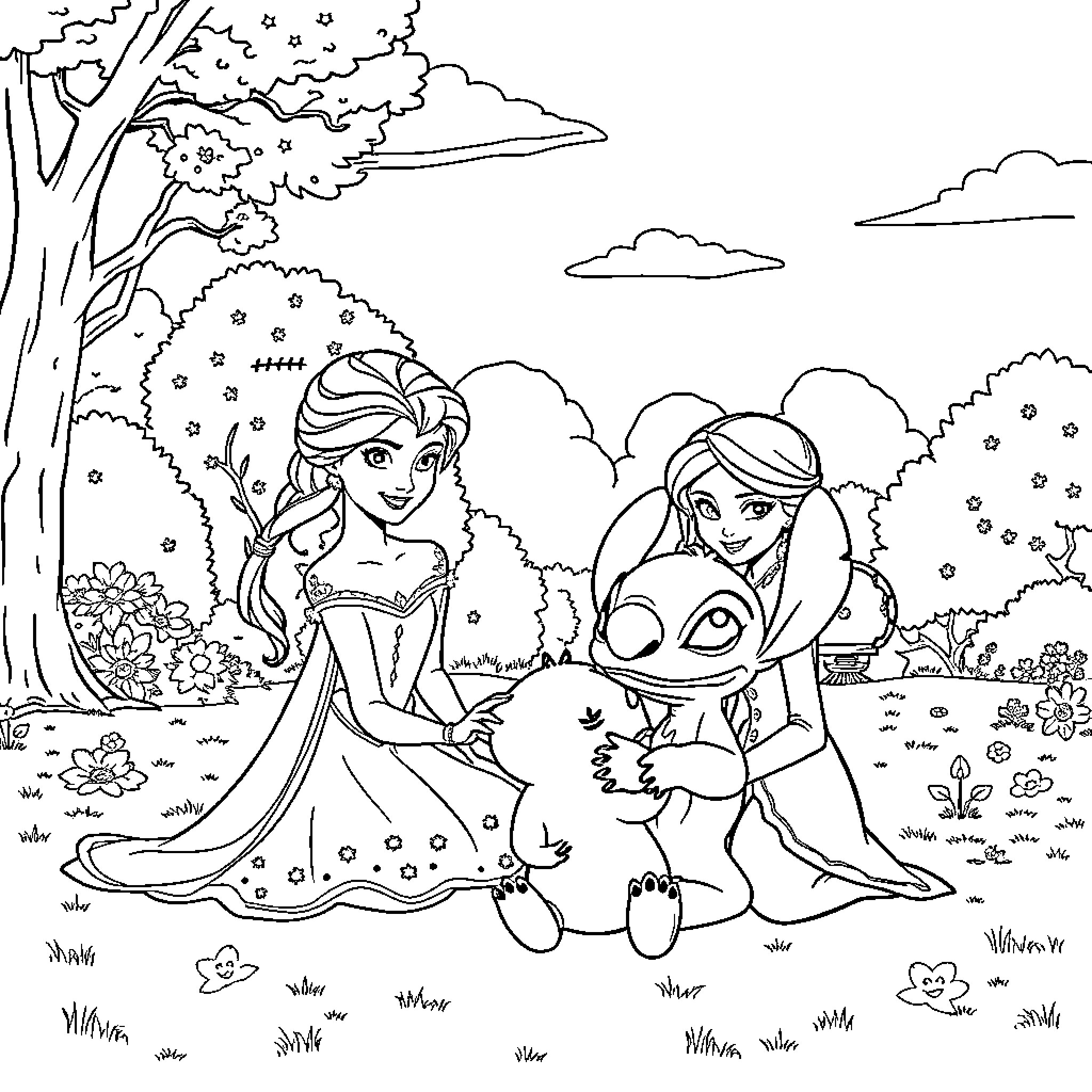 Elsa and Anna enjoying a peaceful day in nature Coloring Page (free black-and-white line drawing printable PDF for all, from beginners to advanced learners, including children, teens, adults, and seniors)