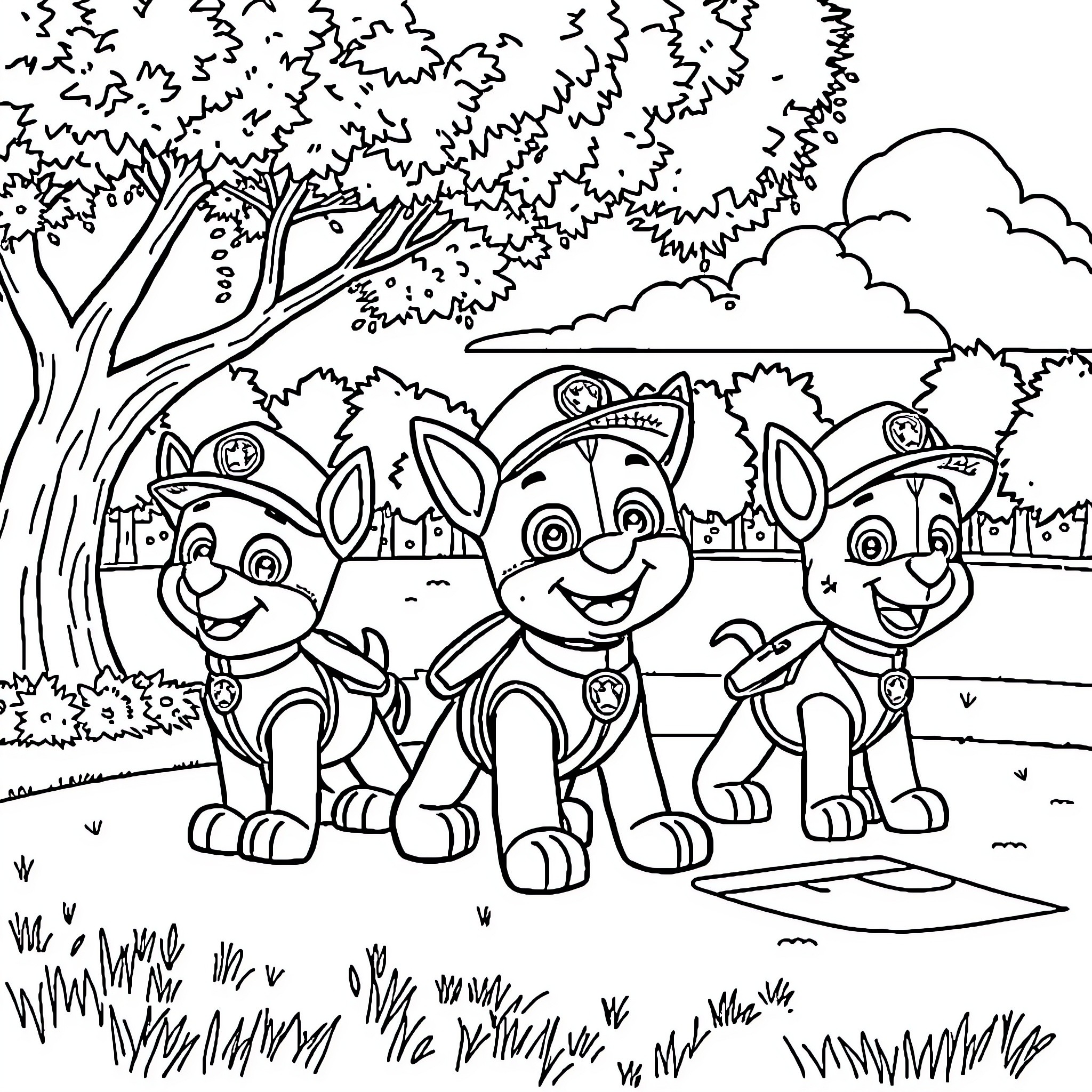 Paw Patrol pups on an adventure in the park Coloring Page (free black-and-white line drawing printable PDF for all, from beginners to advanced learners, including children, teens, adults, and seniors)