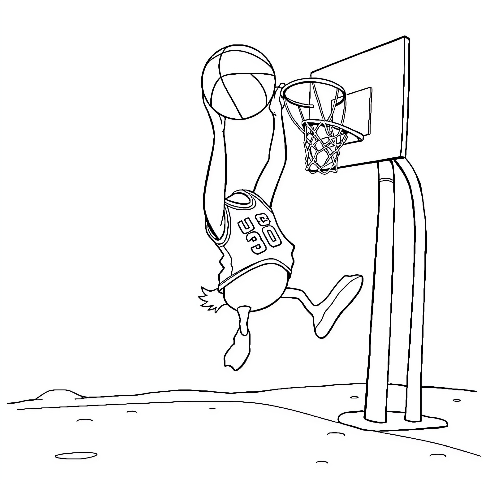 Duck dunking basketball with basketball hoop Coloring Page (free black-and-white line drawing printable PDF for all, from beginners to advanced learners, including children, teens, adults, and seniors)