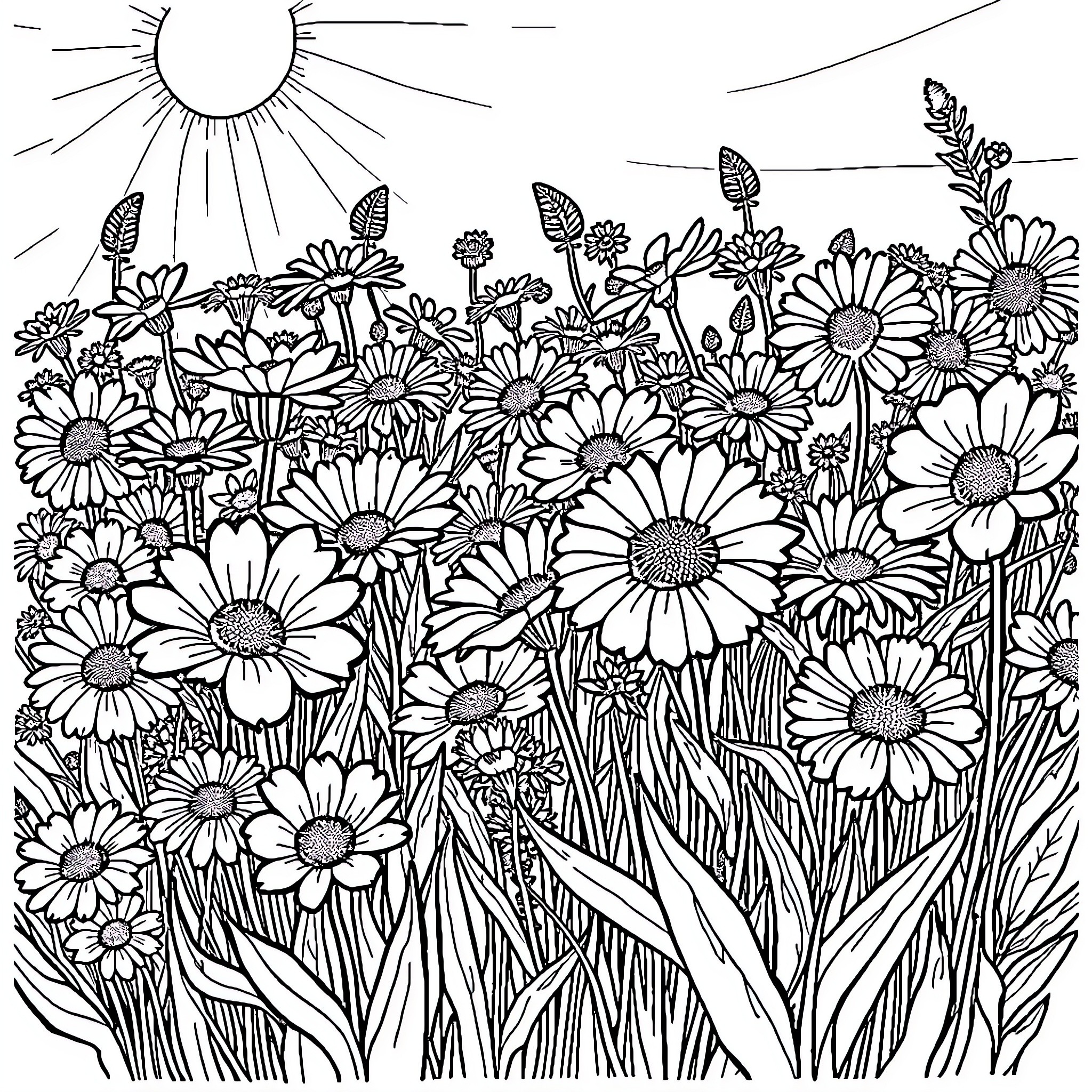 Flower field with radiant sun Coloring Page (free black-and-white line drawing printable PDF for all, from beginners to advanced learners, including children, teens, adults, and seniors)