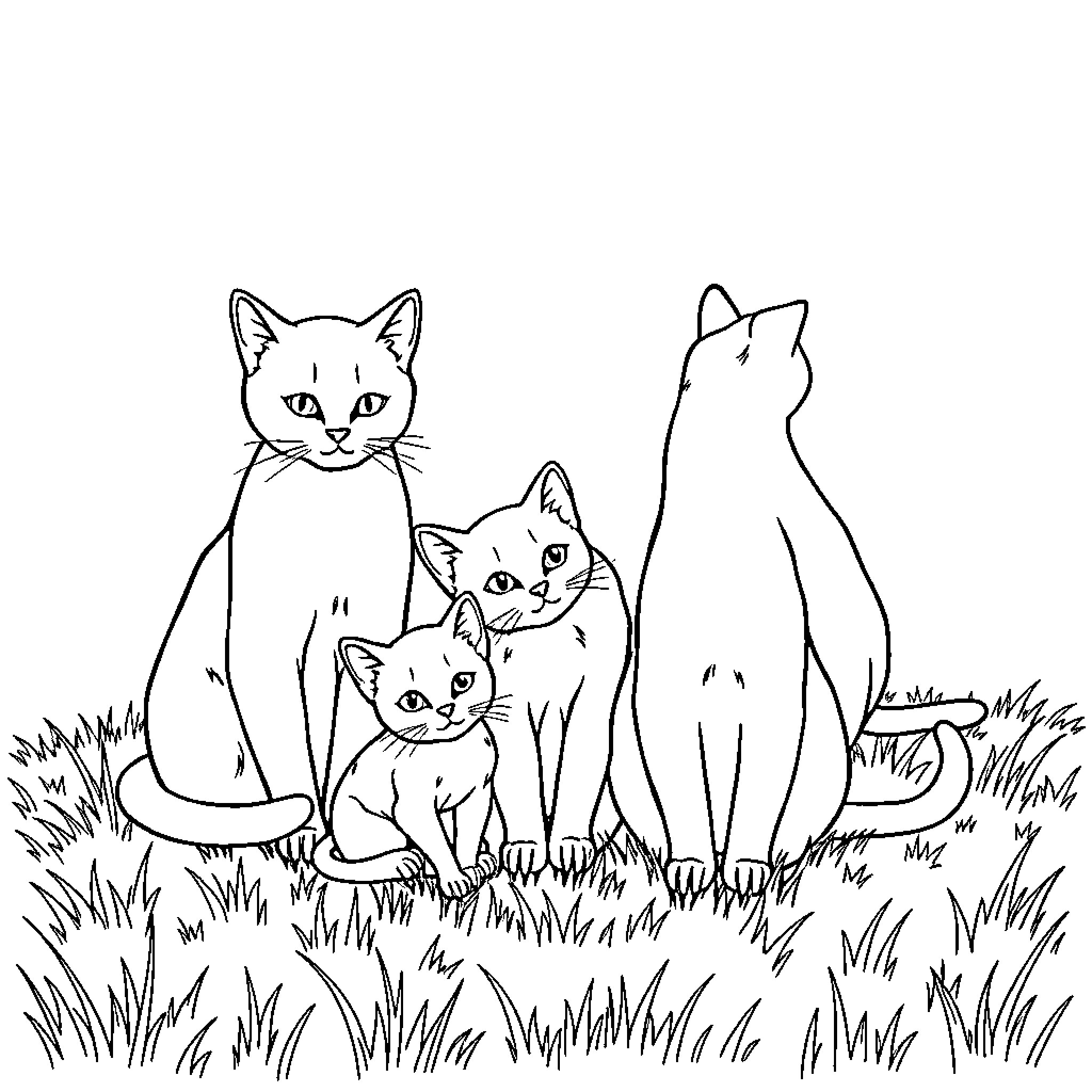 Cat family in the meadow Coloring Page (free black-and-white line drawing printable PDF for all, from beginners to advanced learners, including children, teens, adults, and seniors)