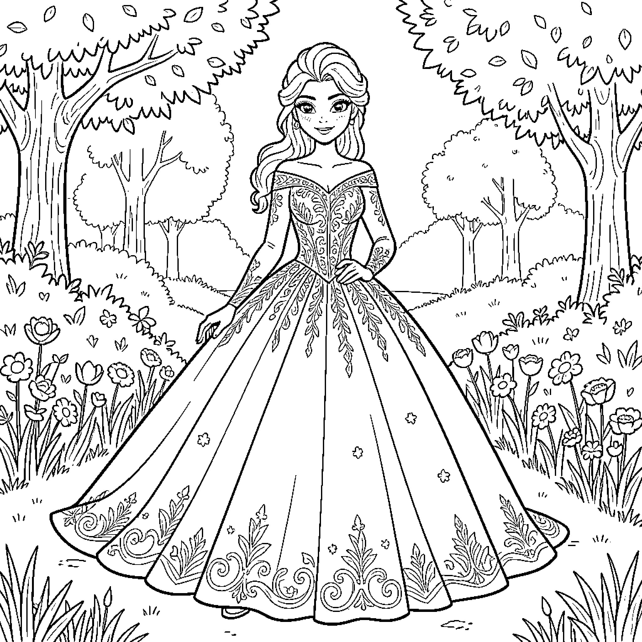 Elsa wearing a grand gown in a forest Coloring Page (free black-and-white line drawing printable PDF for all, from beginners to advanced learners, including children, teens, adults, and seniors)