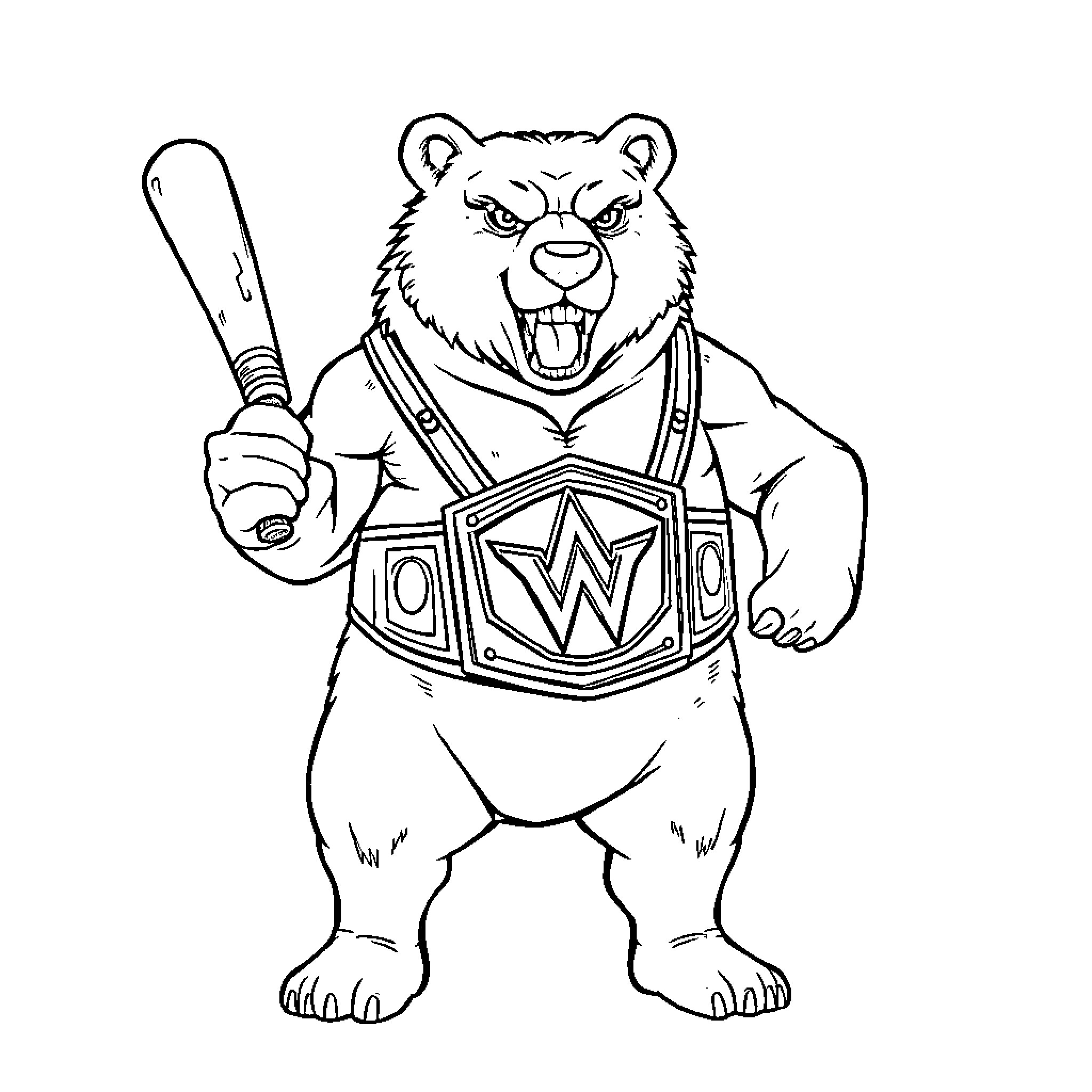 Polar Bear Baseball Player with Belt Coloring Page (free black-and-white line drawing printable PDF for all, from beginners to advanced learners, including children, teens, adults, and seniors)