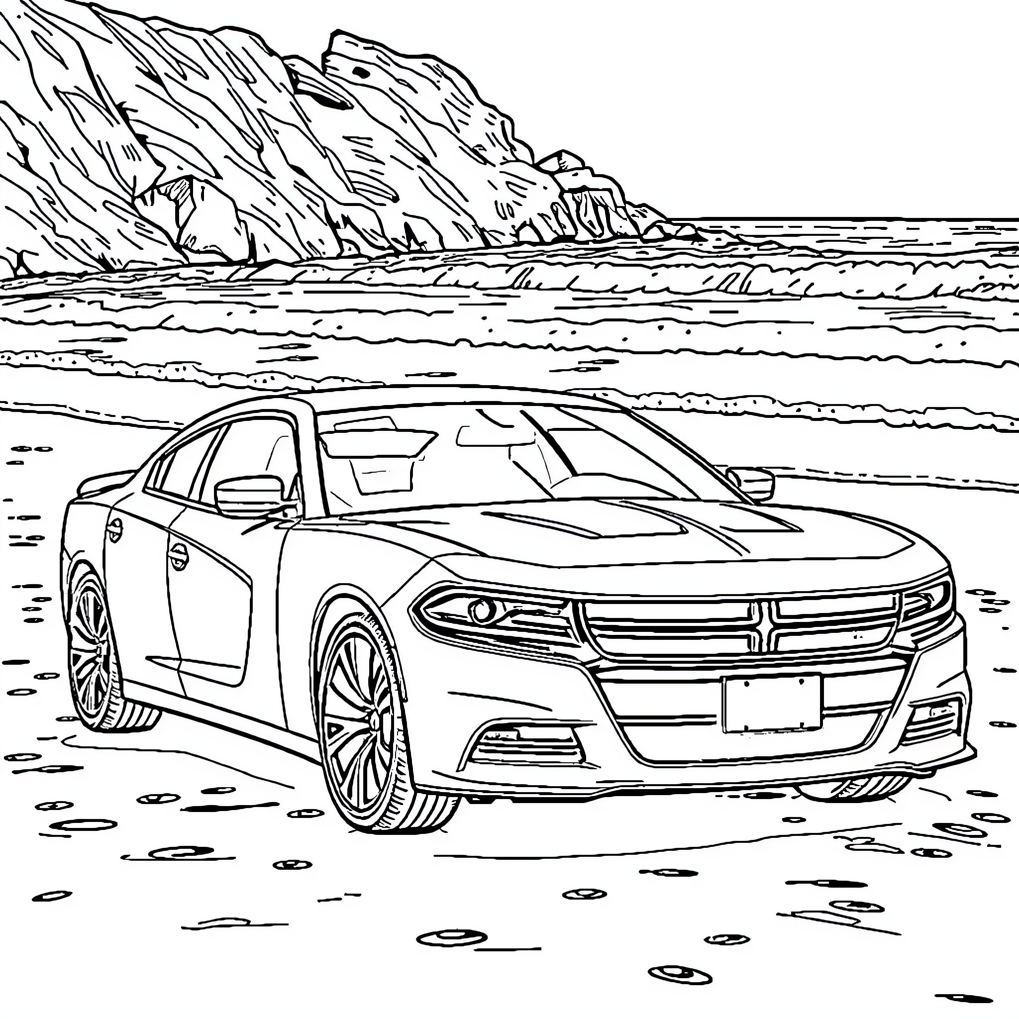 Dodge Charger parked on the beach Coloring Page (free black-and-white line drawing printable PDF for all, from beginners to advanced learners, including children, teens, adults, and seniors)