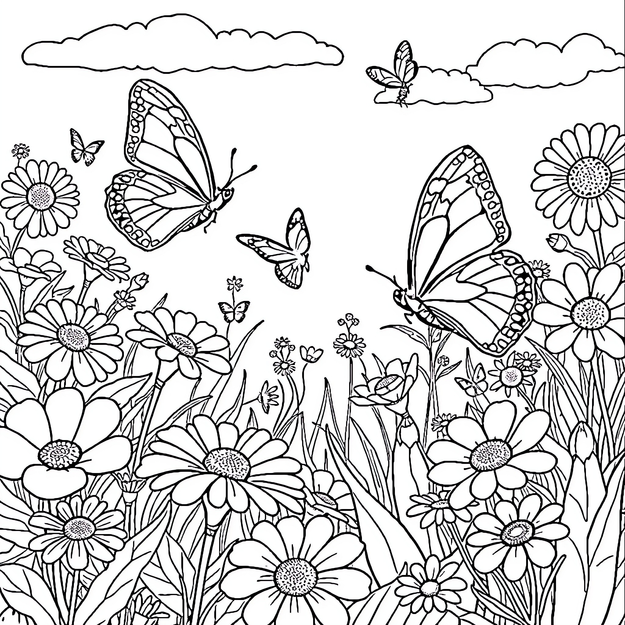 Butterfly meadow with delicate flowers and playful butterflies Coloring Page (free black-and-white line drawing printable PDF for all, from beginners to advanced learners, including children, teens, adults, and seniors)