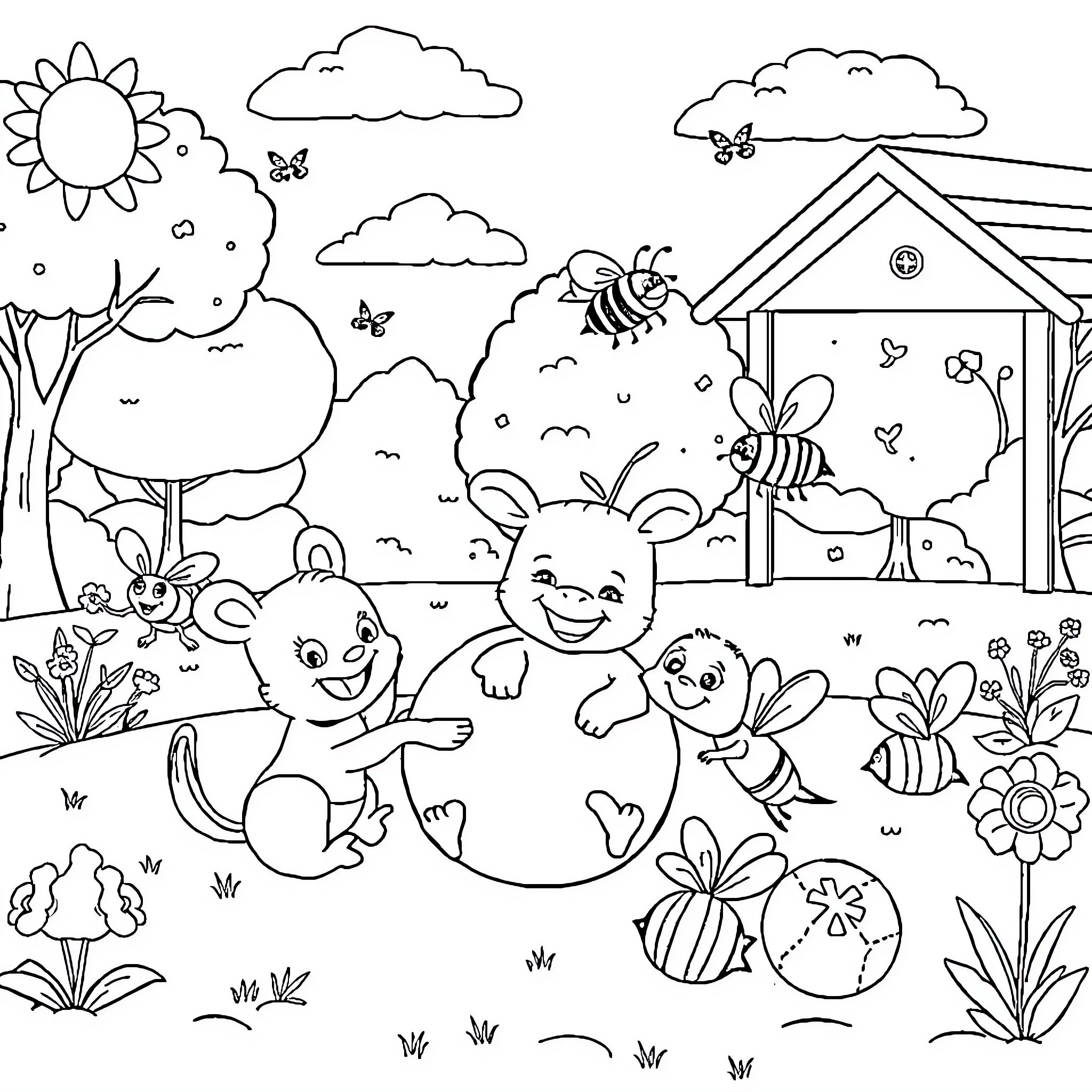 Animal friends playing in the garden Coloring Page (free black-and-white line drawing printable PDF for all, from beginners to advanced learners, including children, teens, adults, and seniors)
