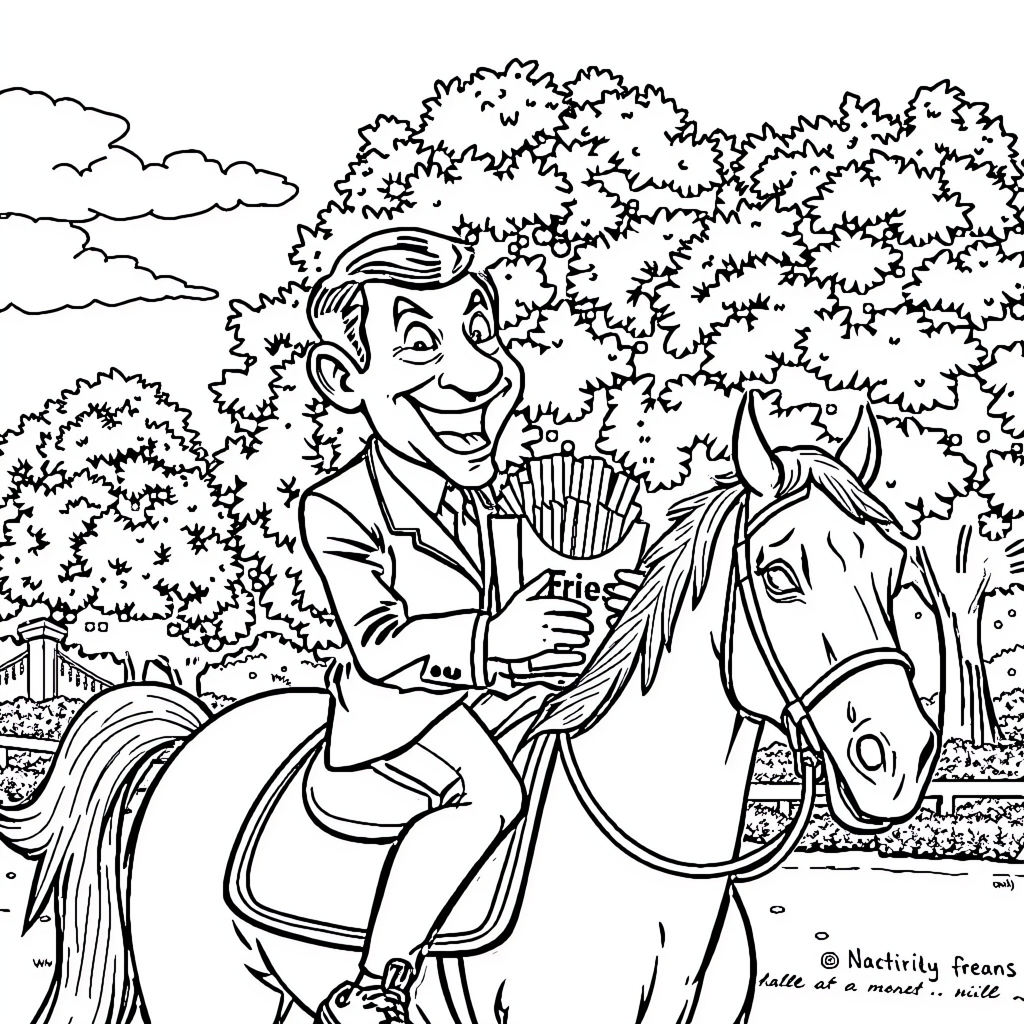 Mr Bean playing accordion while riding a horse in the park Coloring Page (free black-and-white line drawing printable PDF for all, from beginners to advanced learners, including children, teens, adults, and seniors)