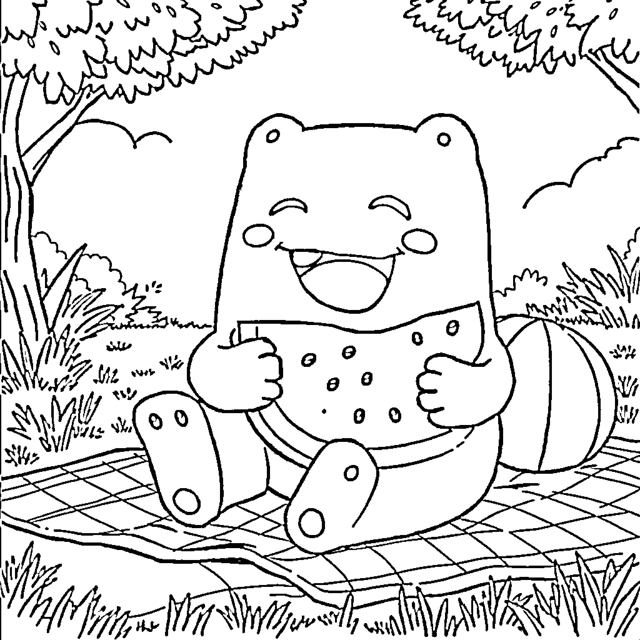 Domo kun enjoying a picnic in nature Coloring Page (free black-and-white line drawing printable PDF for all, from beginners to advanced learners, including children, teens, adults, and seniors)