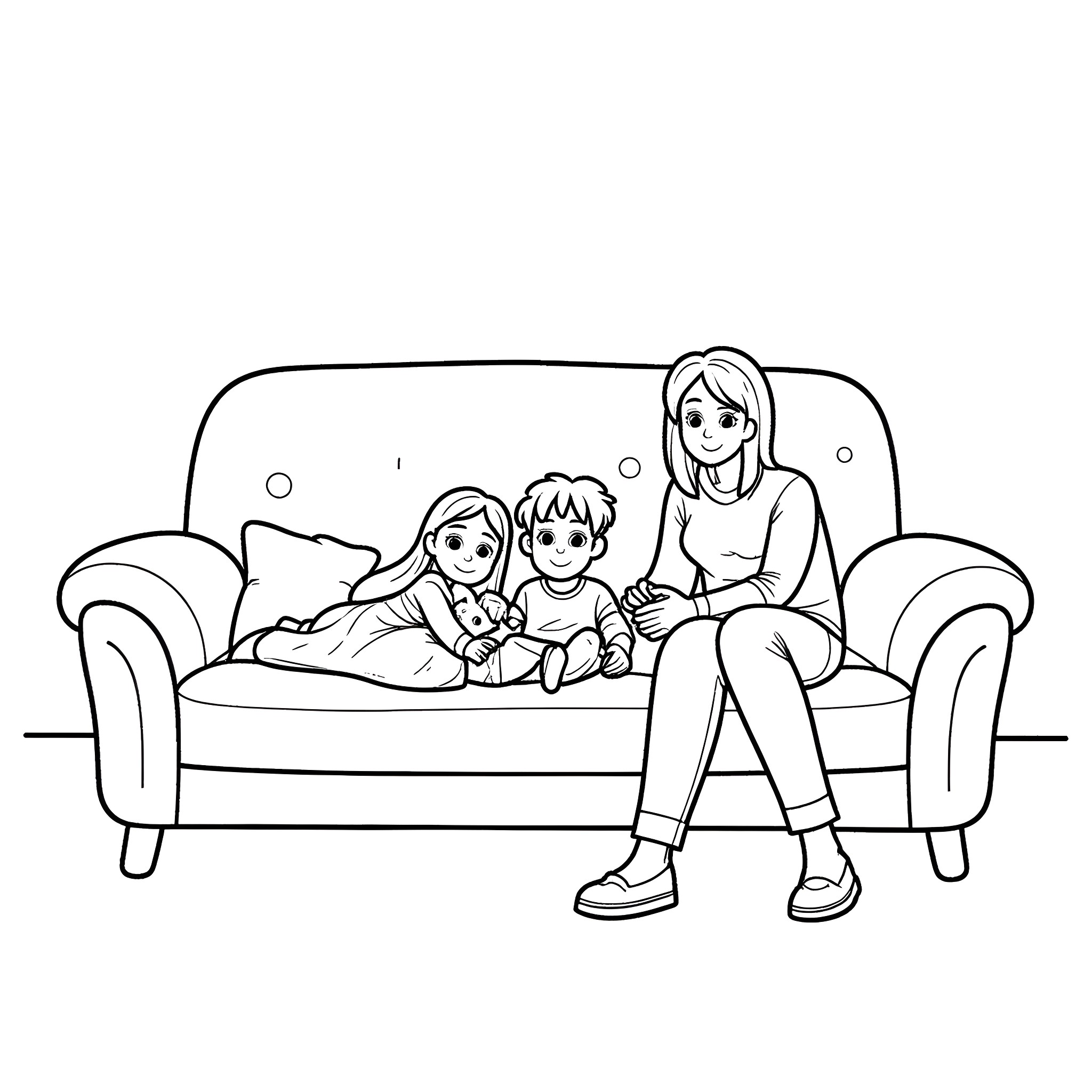 Couch with family relaxing together Coloring Page (free black-and-white line drawing printable PDF for all, from beginners to advanced learners, including children, teens, adults, and seniors)