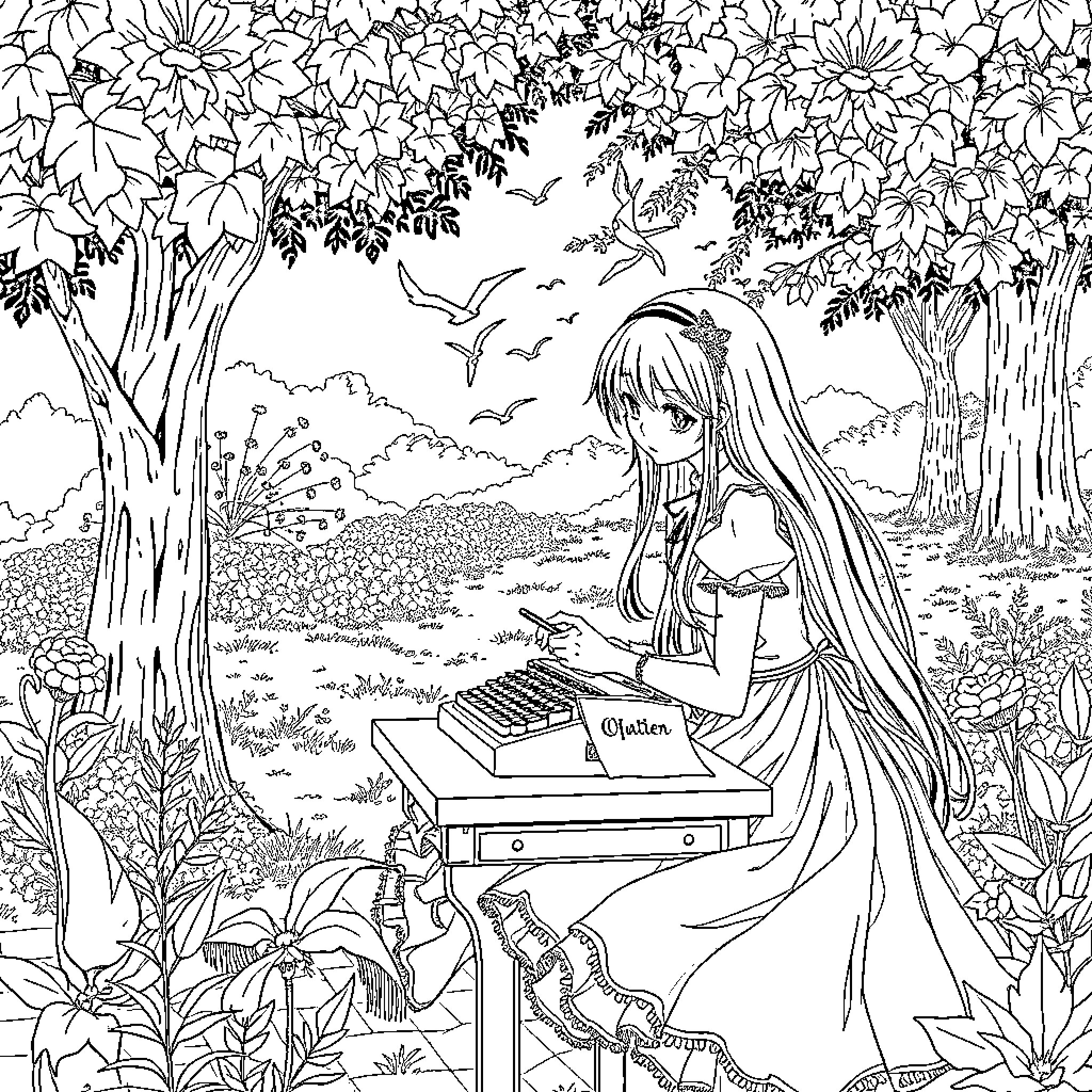 Violet Evergarden writing in a serene forest setting Coloring Page (free black-and-white line drawing printable PDF for all, from beginners to advanced learners, including children, teens, adults, and seniors)