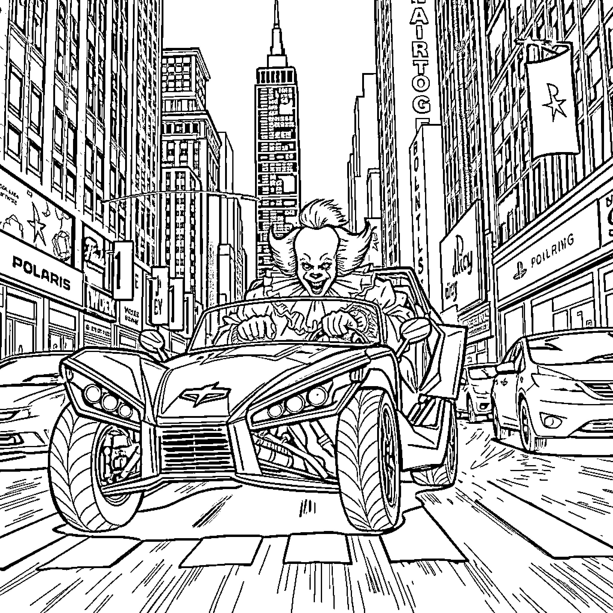 Pennywise terrorizes New York City in a monster truck Coloring Page (free black-and-white line drawing printable PDF for all, from beginners to advanced learners, including children, teens, adults, and seniors)