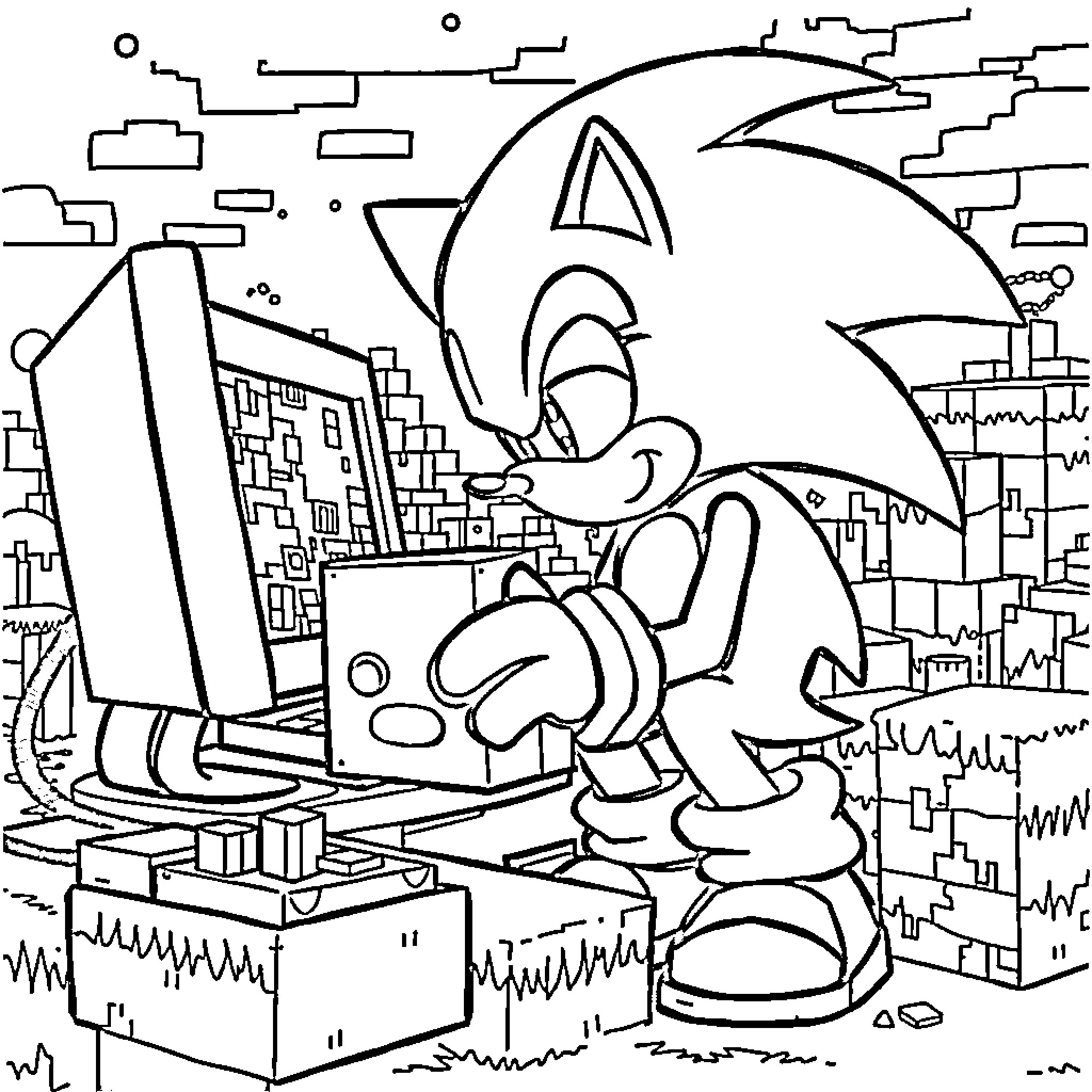Sonic's Technological Adventure in the City Coloring Page (free black-and-white line drawing printable PDF for all, from beginners to advanced learners, including children, teens, adults, and seniors)