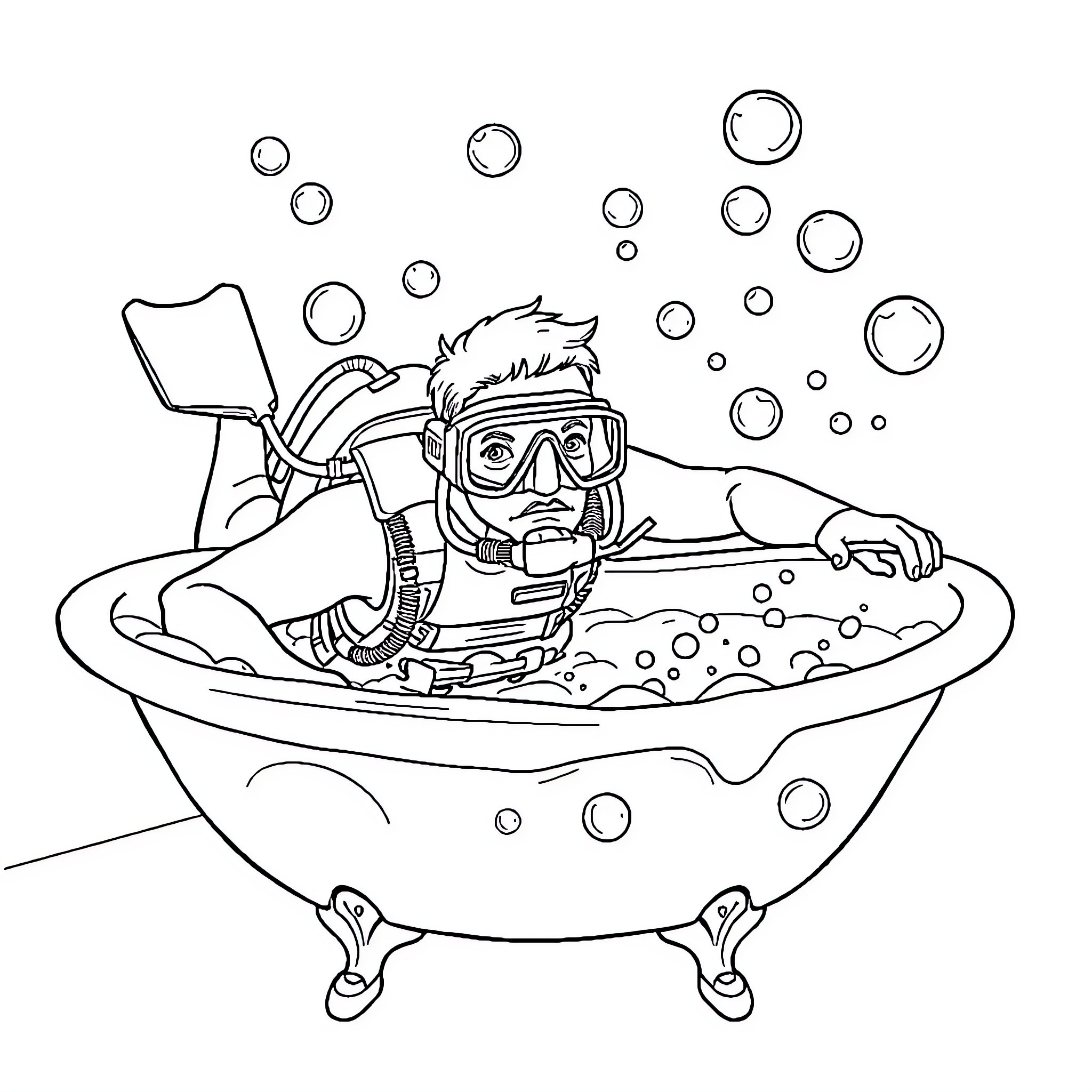 Scuba Diver relaxing in a bubble-filled bathtub Coloring Page (free black-and-white line drawing printable PDF for all, from beginners to advanced learners, including children, teens, adults, and seniors)