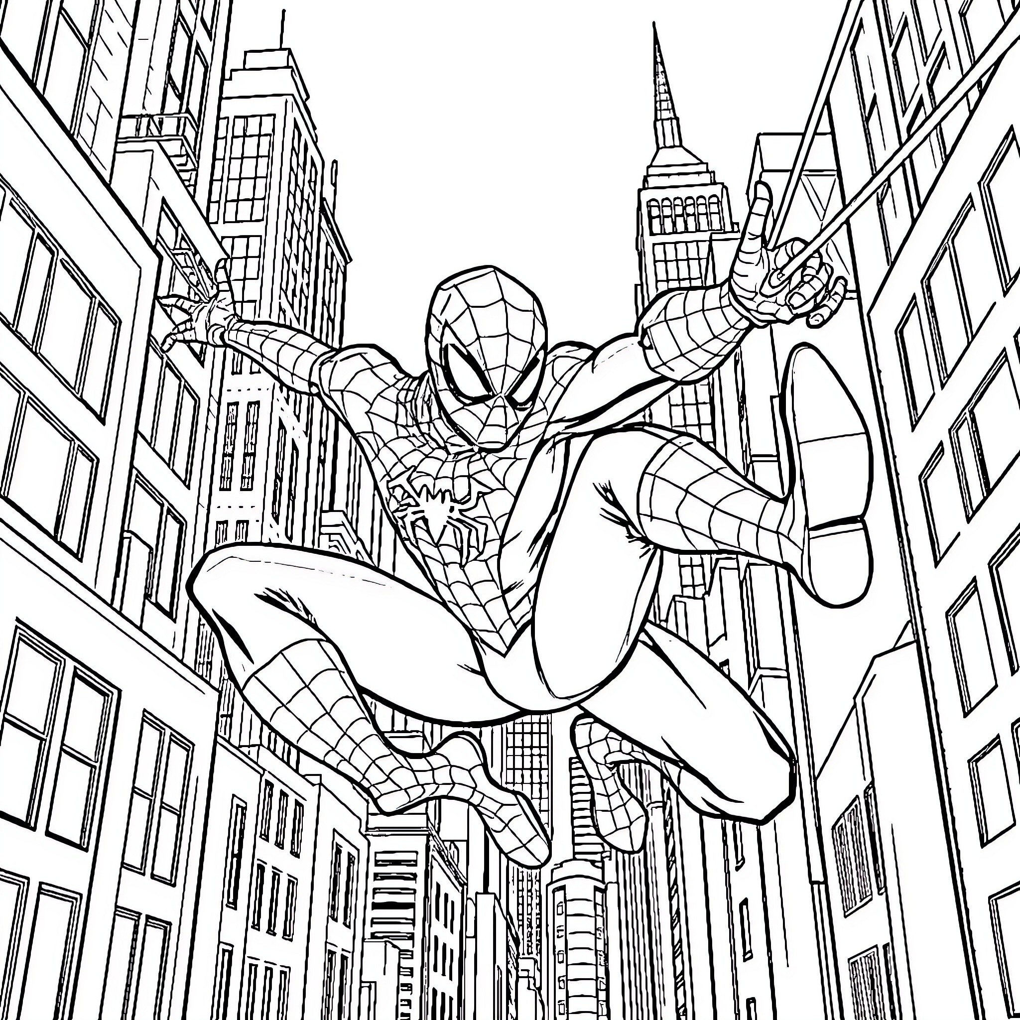 Spider-Man swinging through the city with heroic pose Coloring Page (free black-and-white line drawing printable PDF for all, from beginners to advanced learners, including children, teens, adults, and seniors)