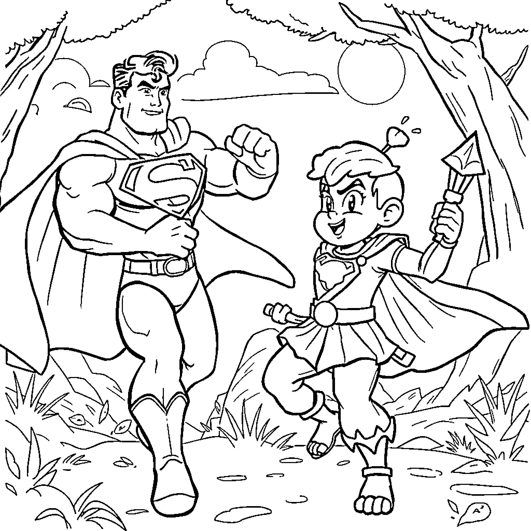 Chota Bheem and Superman in the forest adventure Coloring Page (free black-and-white line drawing printable PDF for all, from beginners to advanced learners, including children, teens, adults, and seniors)