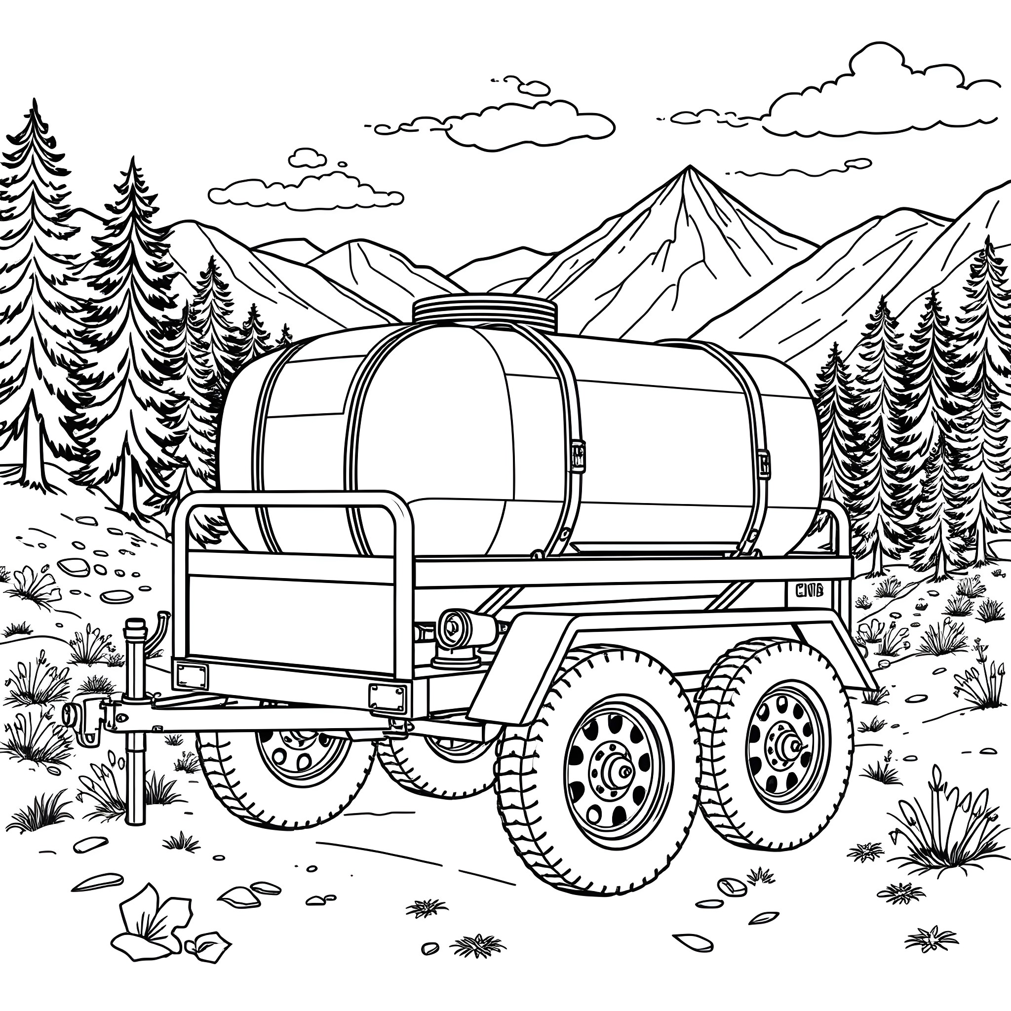 Water Trailer in the Mountainous Landscape Coloring Page (free black-and-white line drawing printable PDF for all, from beginners to advanced learners, including children, teens, adults, and seniors)