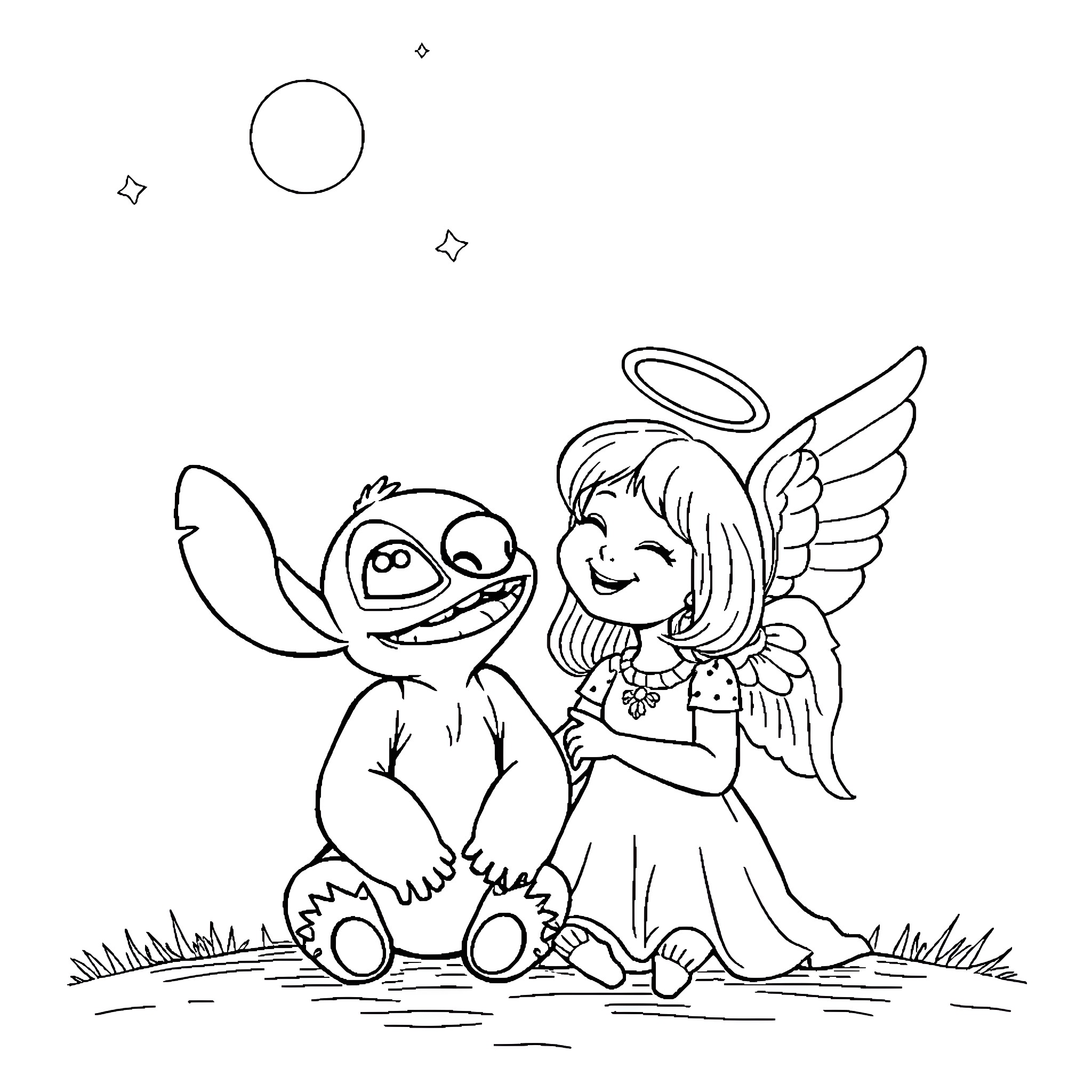 Stitch and Angel playing together happily Coloring Page (free black-and-white line drawing printable PDF for all, from beginners to advanced learners, including children, teens, adults, and seniors)