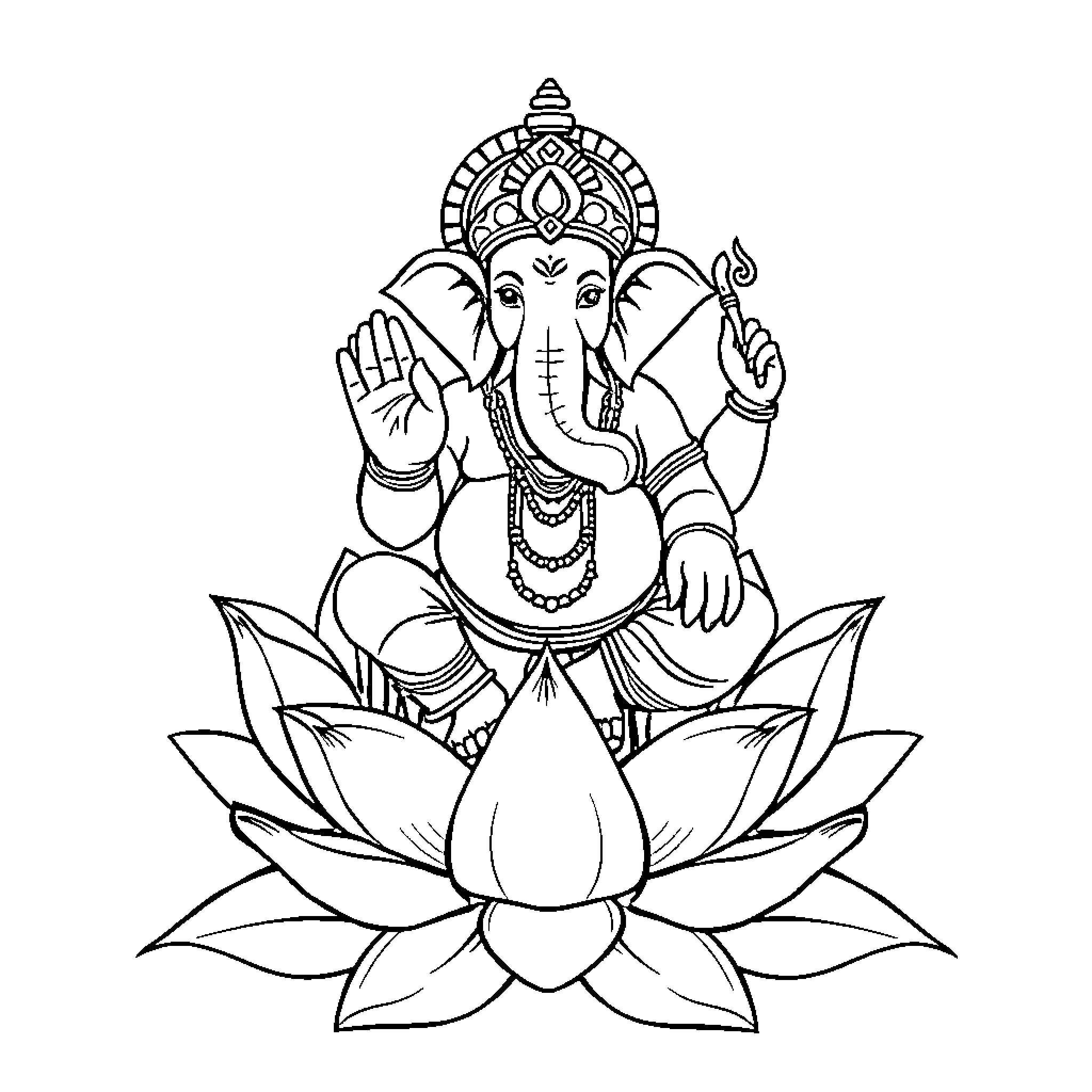 Ganesha sitting gracefully on a lotus flower Coloring Page (free black-and-white line drawing printable PDF for all, from beginners to advanced learners, including children, teens, adults, and seniors)