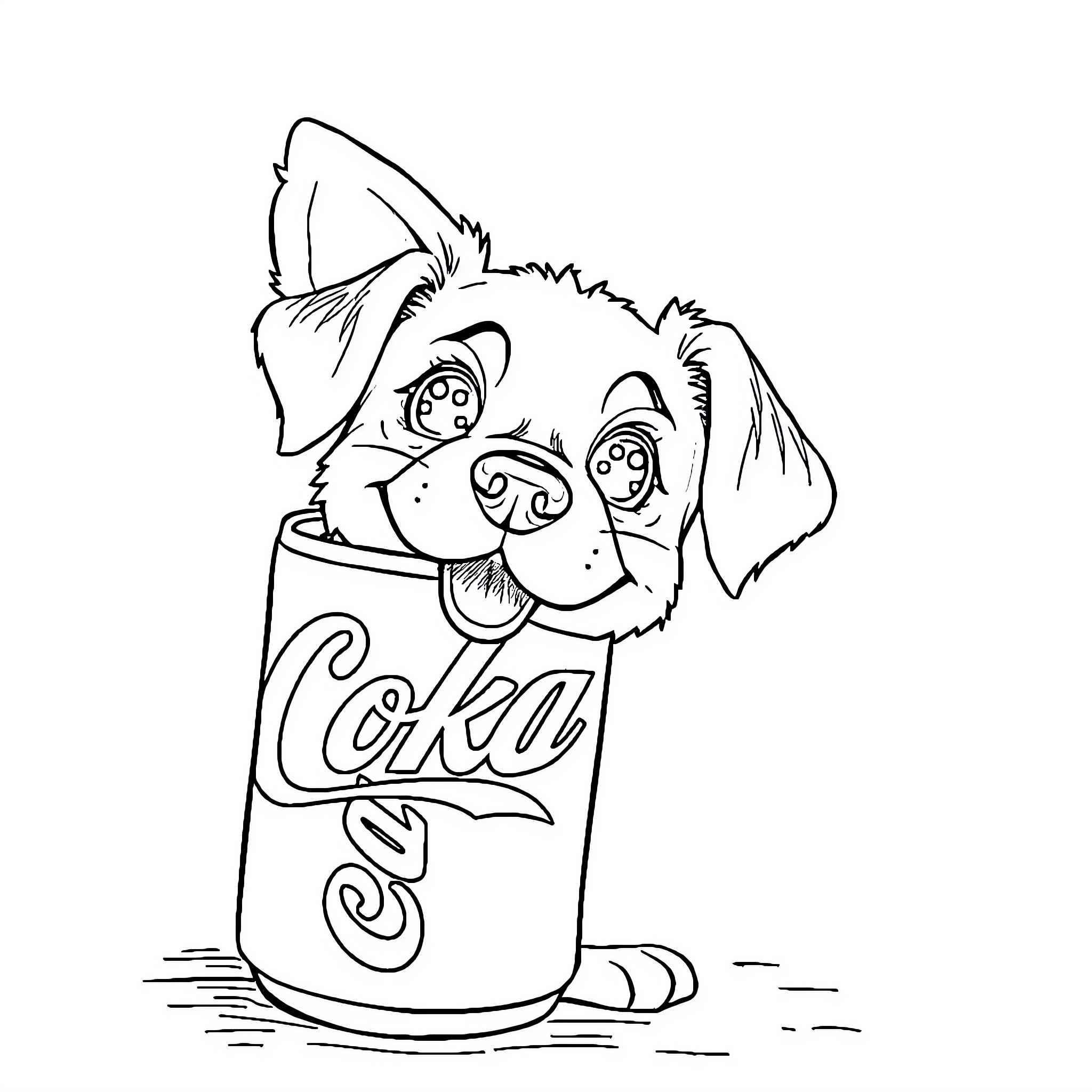Dog peeping out from a soda can Coloring Page (free black-and-white line drawing printable PDF for all, from beginners to advanced learners, including children, teens, adults, and seniors)