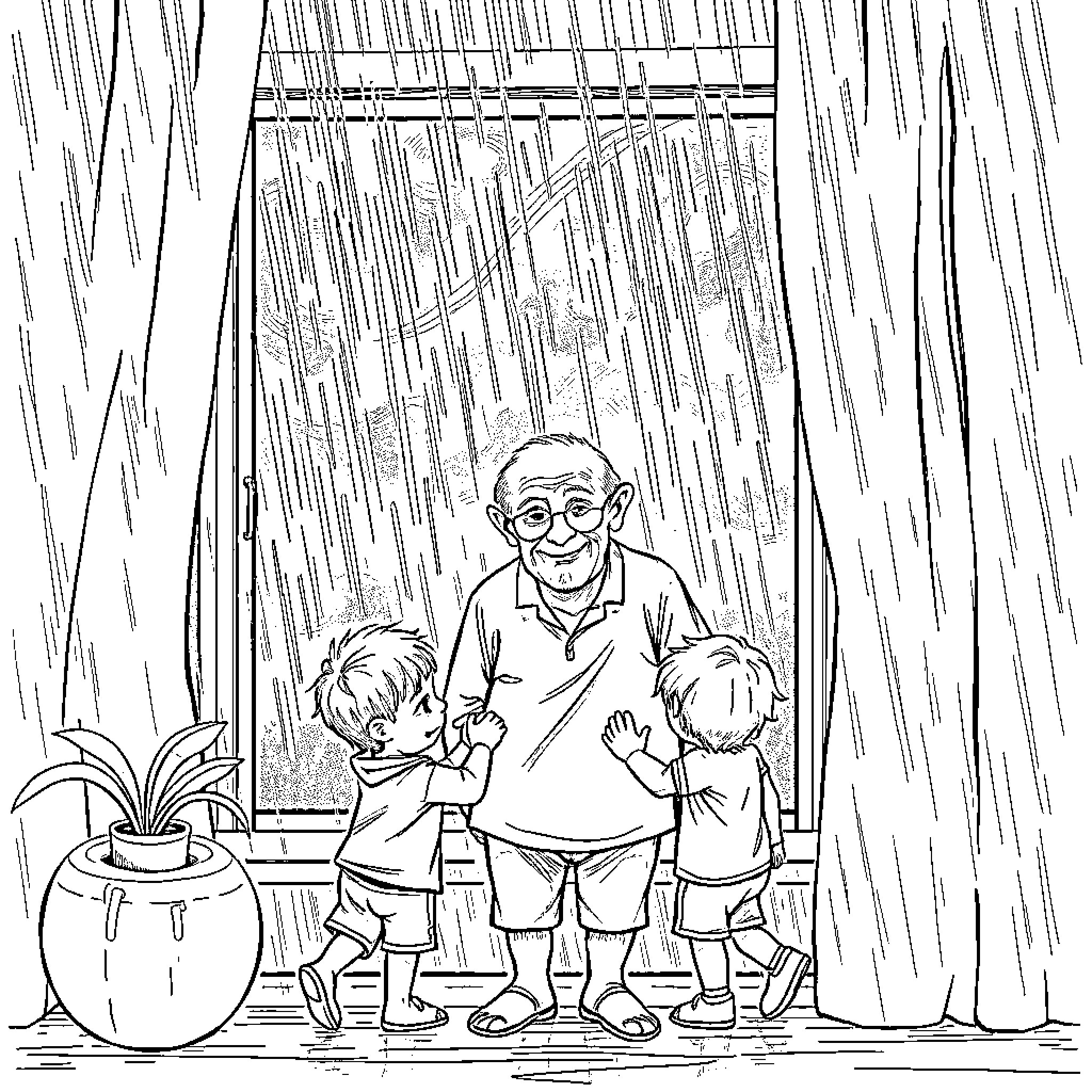 Grandfather sharing stories with grandchildren Coloring Page (free black-and-white line drawing printable PDF for all, from beginners to advanced learners, including children, teens, adults, and seniors)
